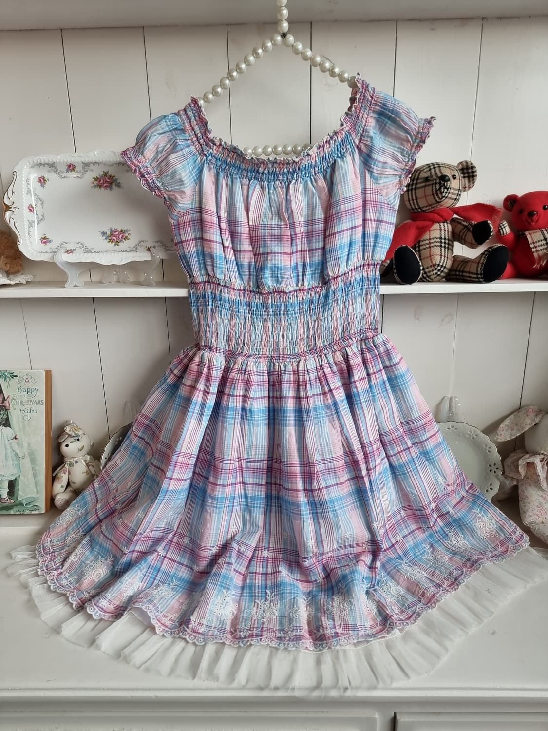 Tralala(트랄라라) 딸기우유 체크 샤링 원피스 상품이미지4