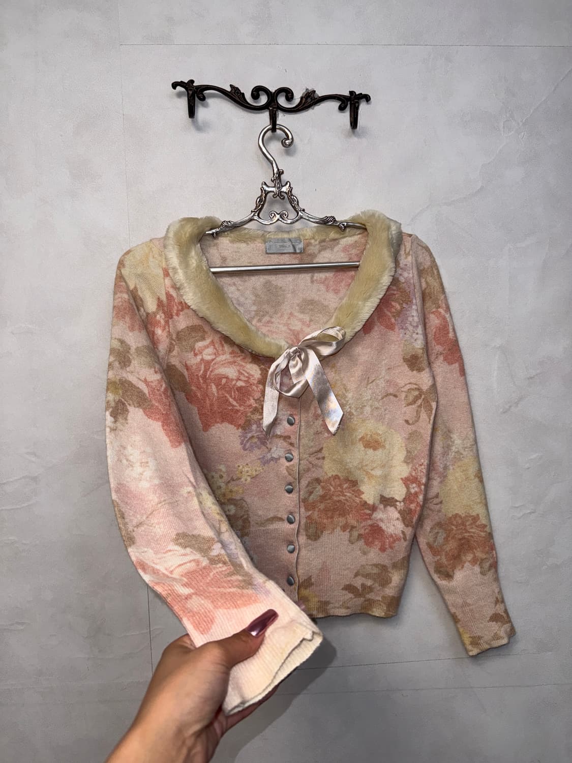 Baby pink vintage rose fur trimming 가디건 상품이미지5