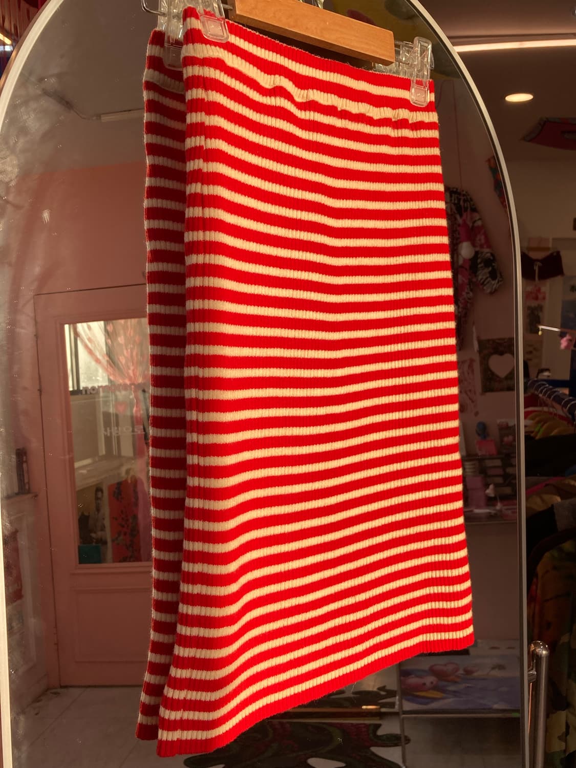 레드 스트라이프 니트 미디 스커트 상품이미지3