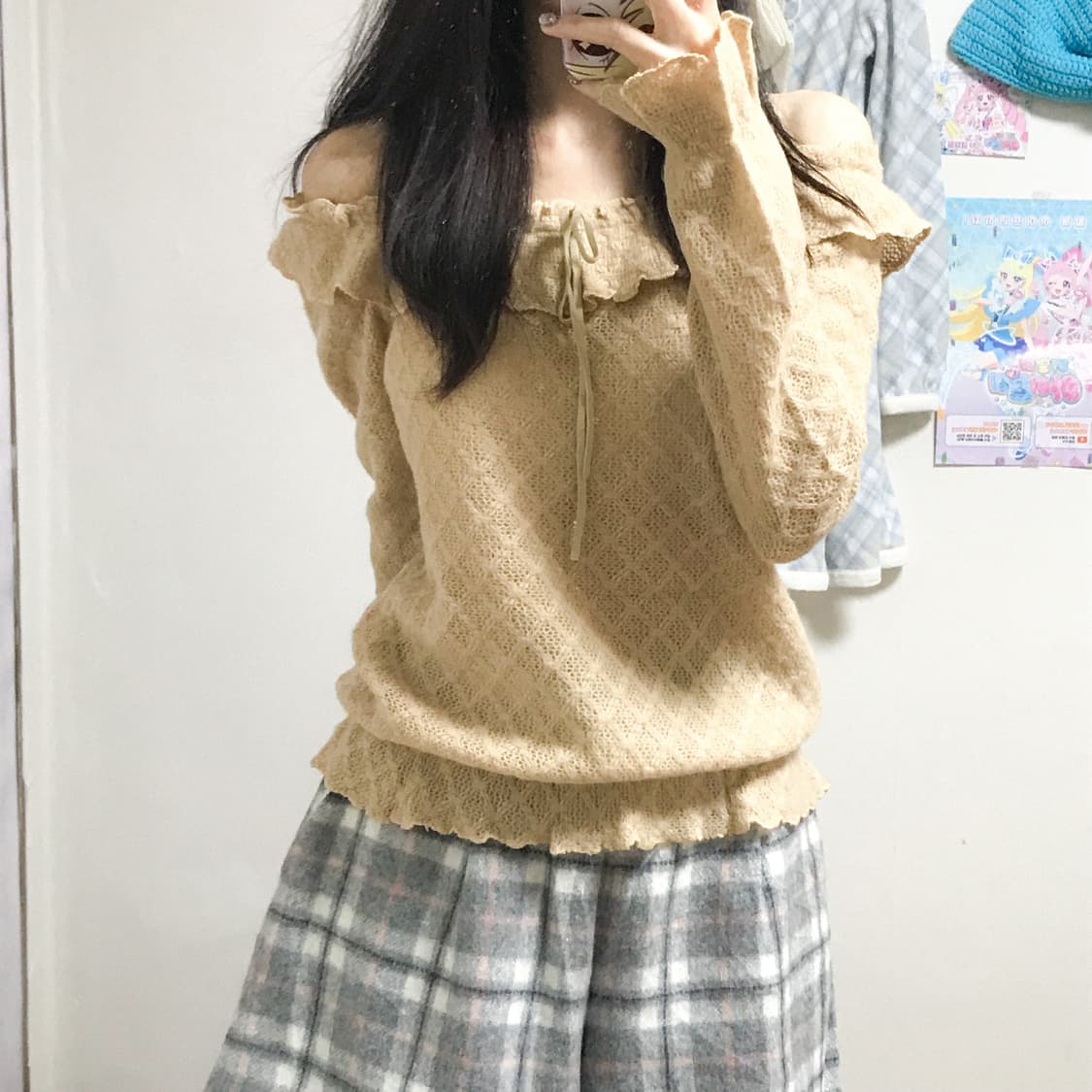 빈티지 리즈리사 오프숄더 리본 브라운 라떼 니트 히메갸루 로걀 헤이세이 상품이미지1