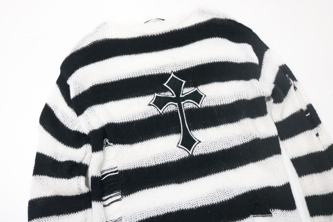 빈티지 크로스 패치 디스트로이드 스트라이프 니트 상품이미지4