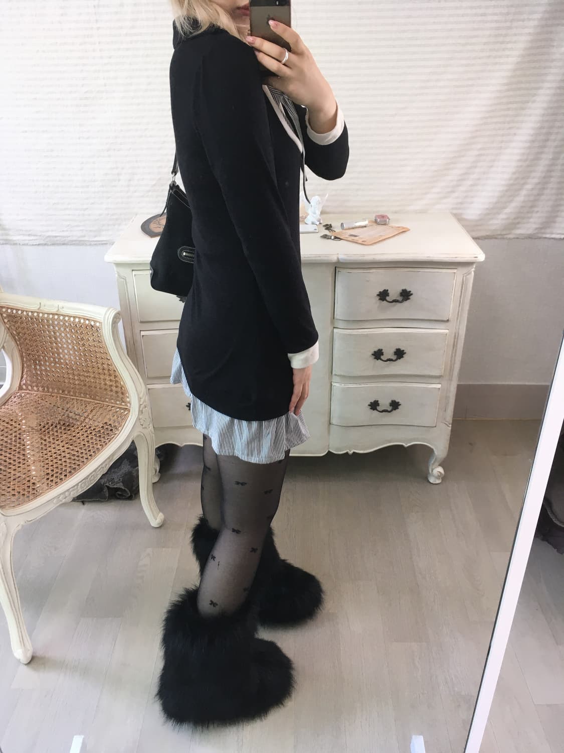 navy ribbon layered slim shirt one-piece 상품이미지3