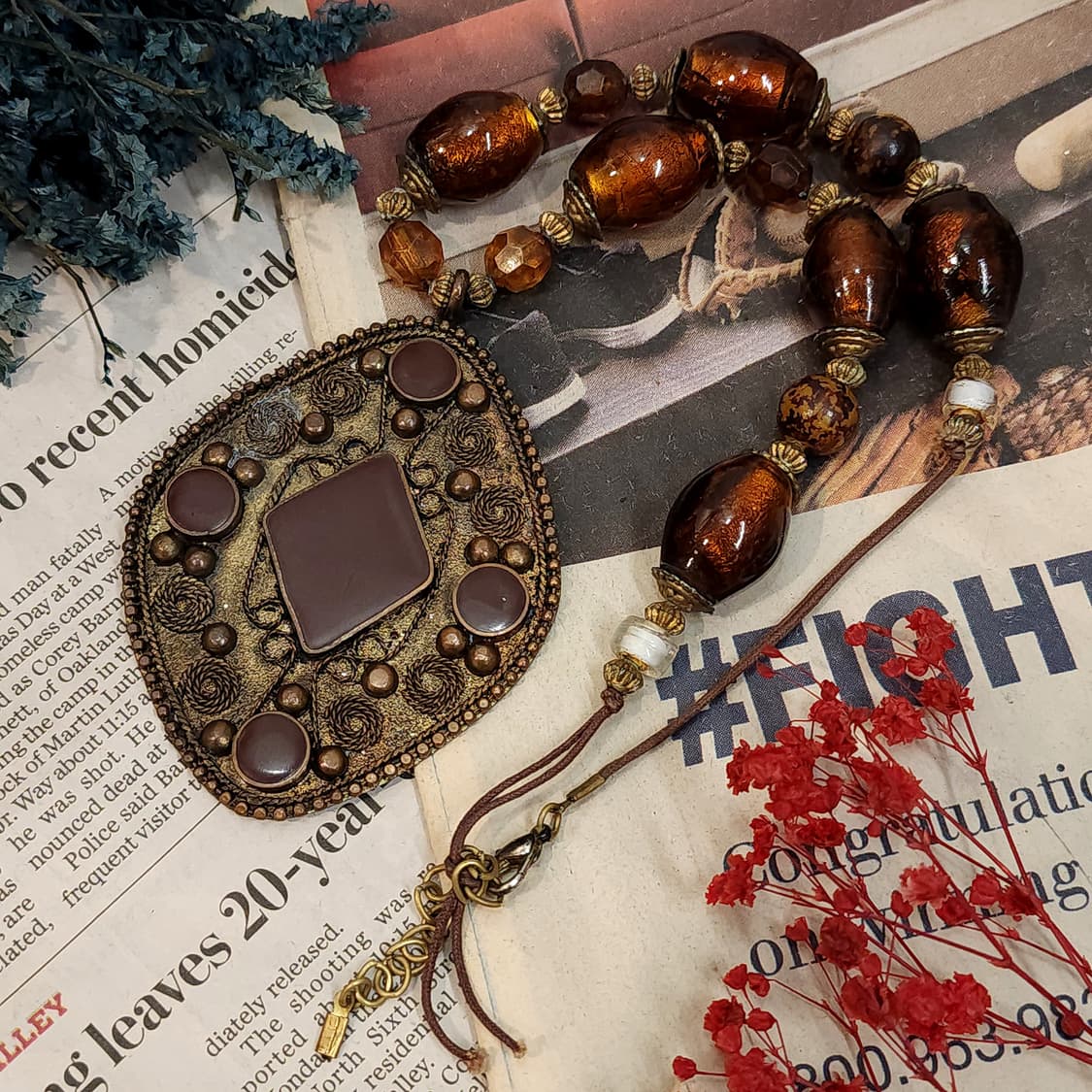 90s 프랑스 빈티지 오리엔탈 브라운 비즈 목걸이 빈티지 목걸이 상품이미지2