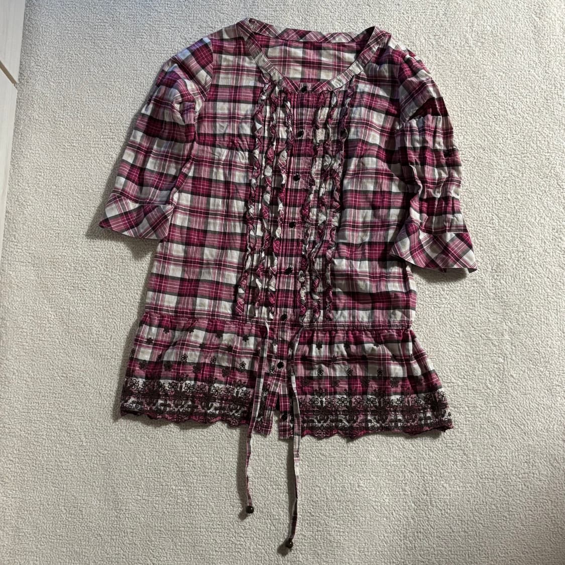 일본빈티지 ANYSIS 핑크 브라운 체크 포인트 셔츠 탑 상품이미지5