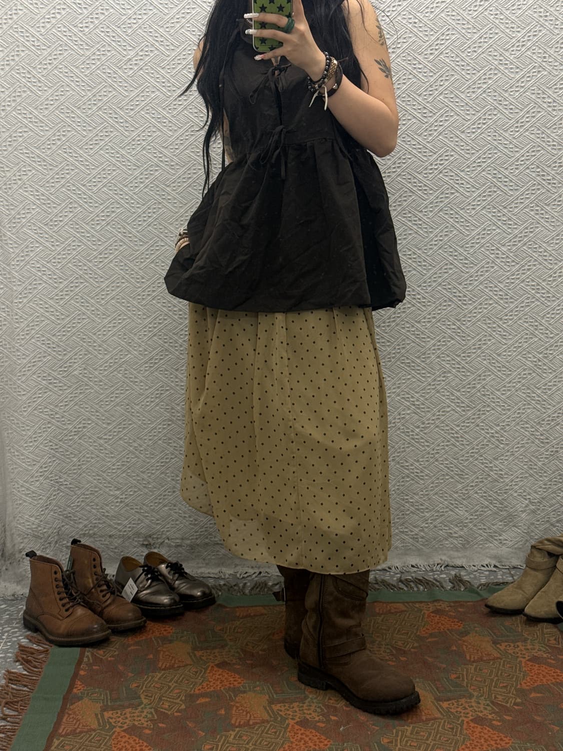 빈티지 레트로 Y2K 시어 땡땡이 도트 핀턱 플레어 롱스커트 K0062 상품이미지1