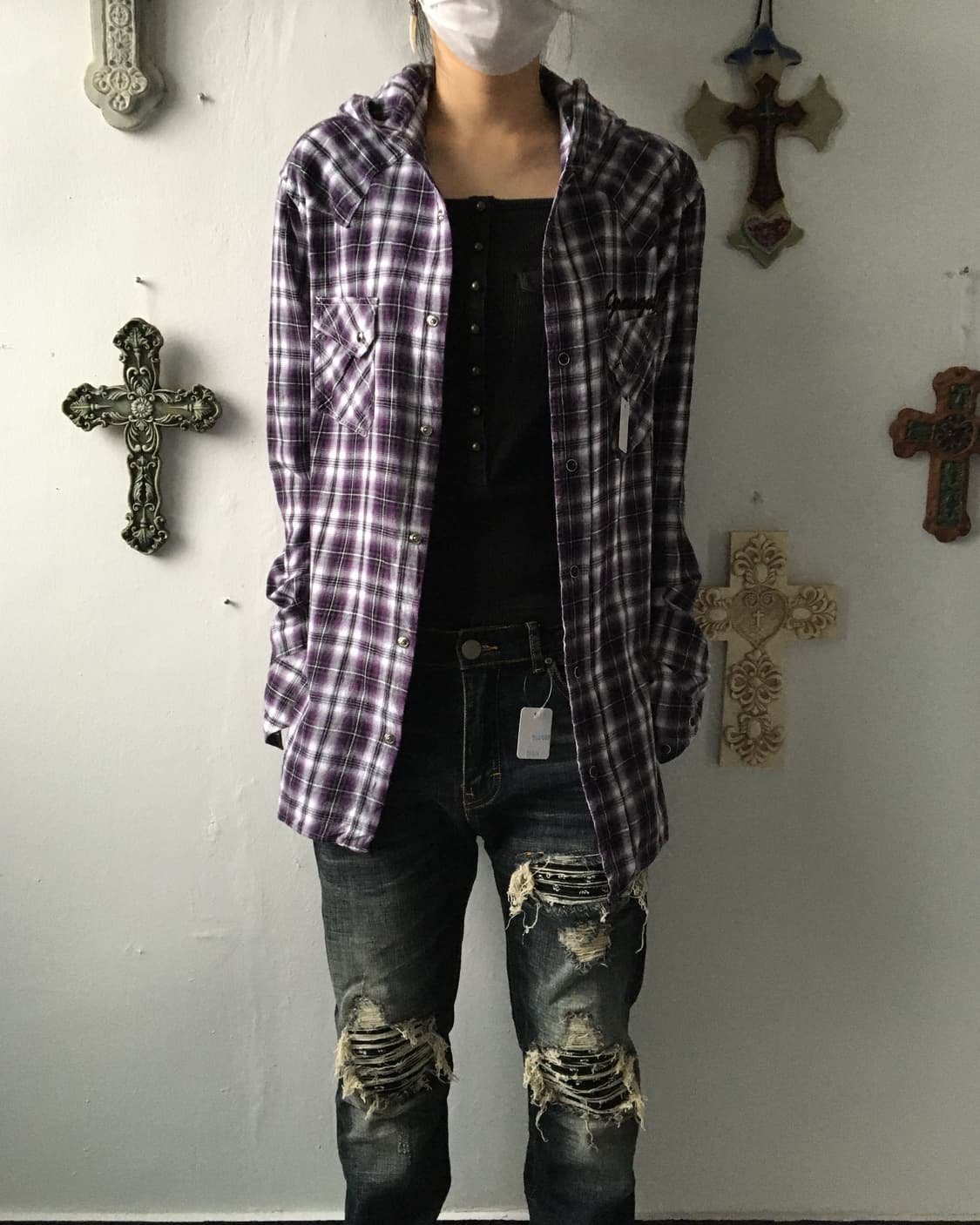 Purple check pattern hood shirt 상품이미지6