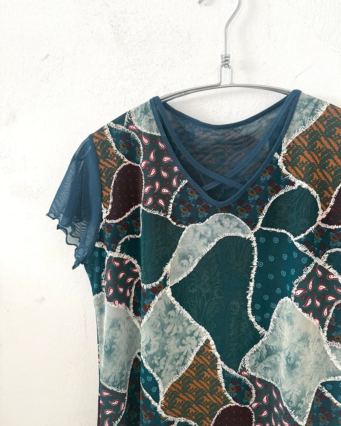 Teal Blue Designed Mesh Short Sleeve Top 상품이미지6