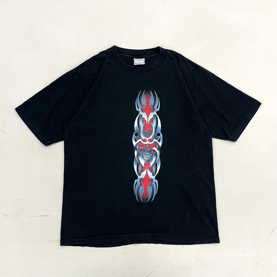 90s 싱글스티치 스컬 해골 트라이벌 빈티지 반팔 티셔츠 블랙 상품이미지1