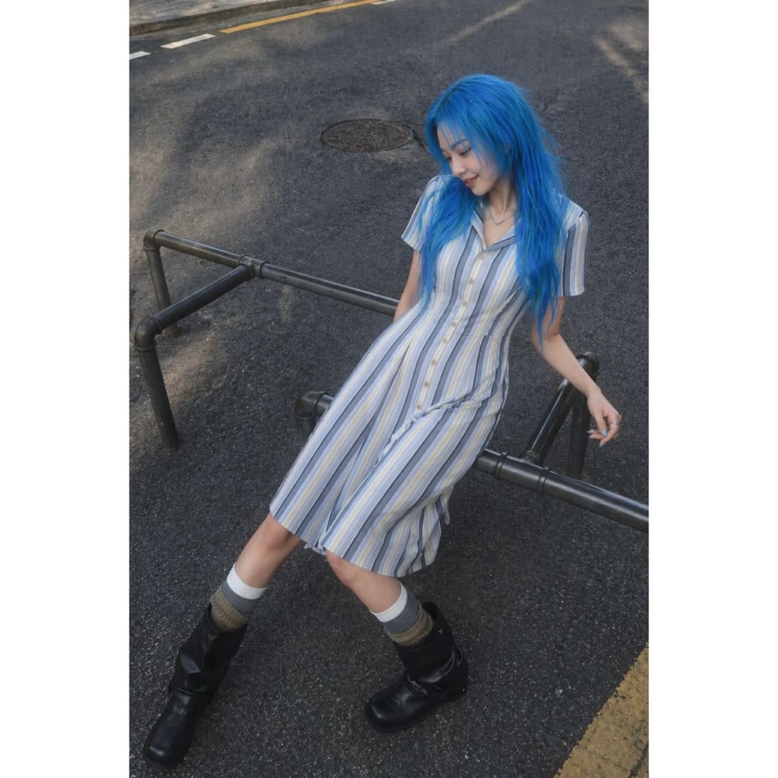 소라 줄무늬 롱 셔츠 원피스 상품이미지3