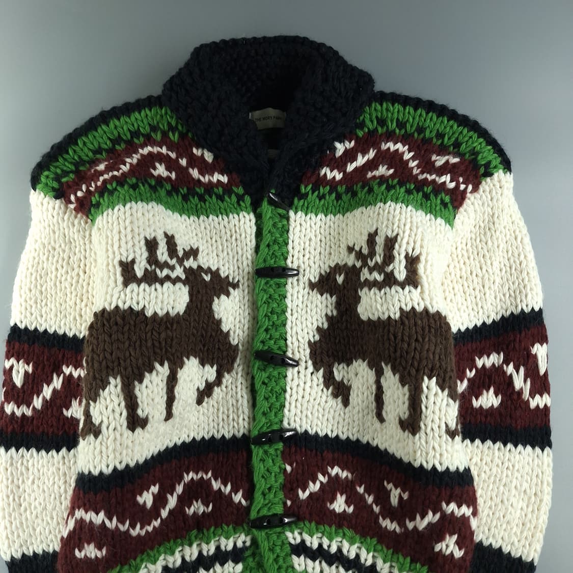 빈티지 아이보리 그린 멀티컬러 노르딕 패턴 숄카라 코위찬 니트 가디건 상품이미지4