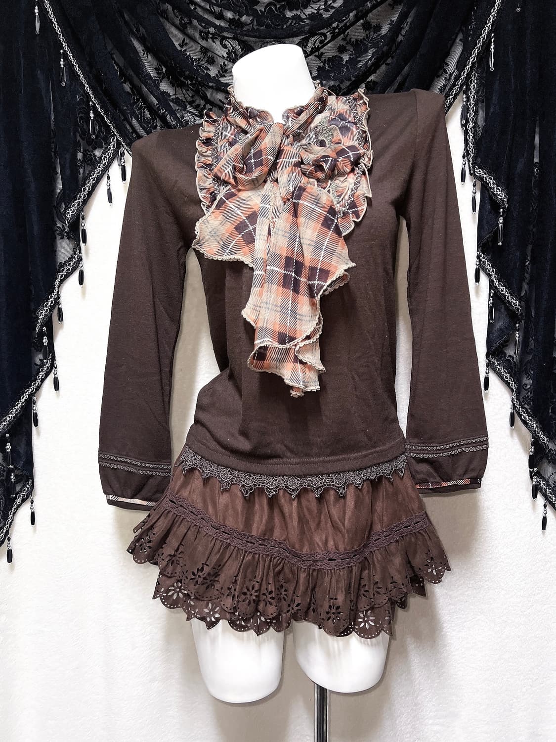 엑시즈팜 라떼갸루 로맨틱 체크 왕리본 레이스 로걀탑 핀터 공겜 너드 상품이미지2