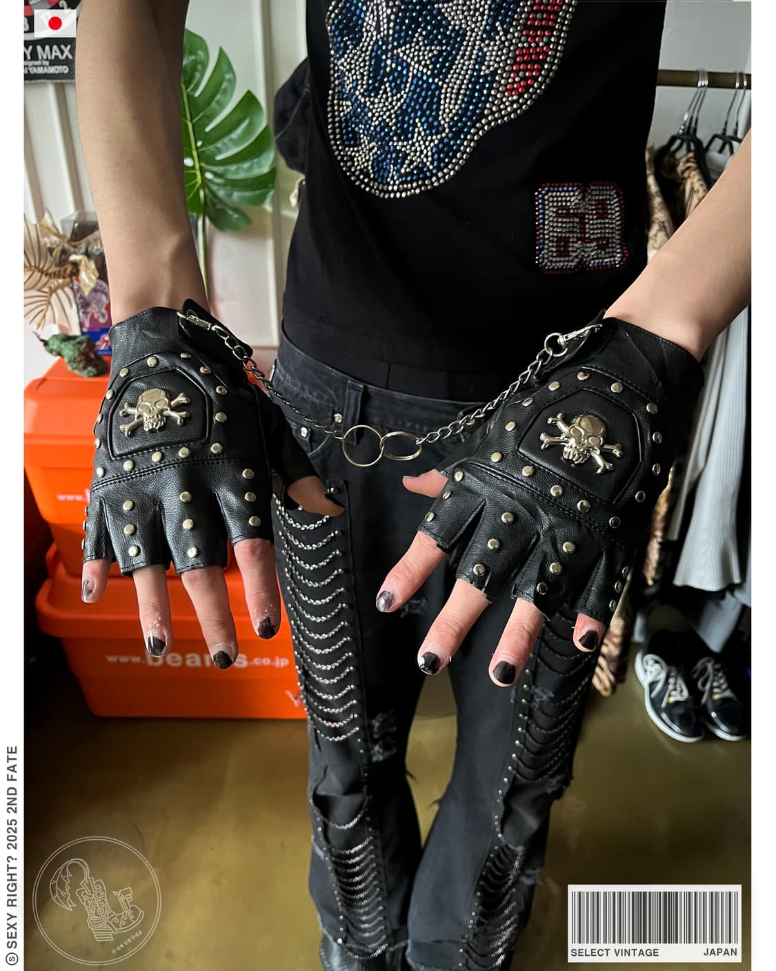 Fingerless Leather Studed Chain Gloves 상품이미지1