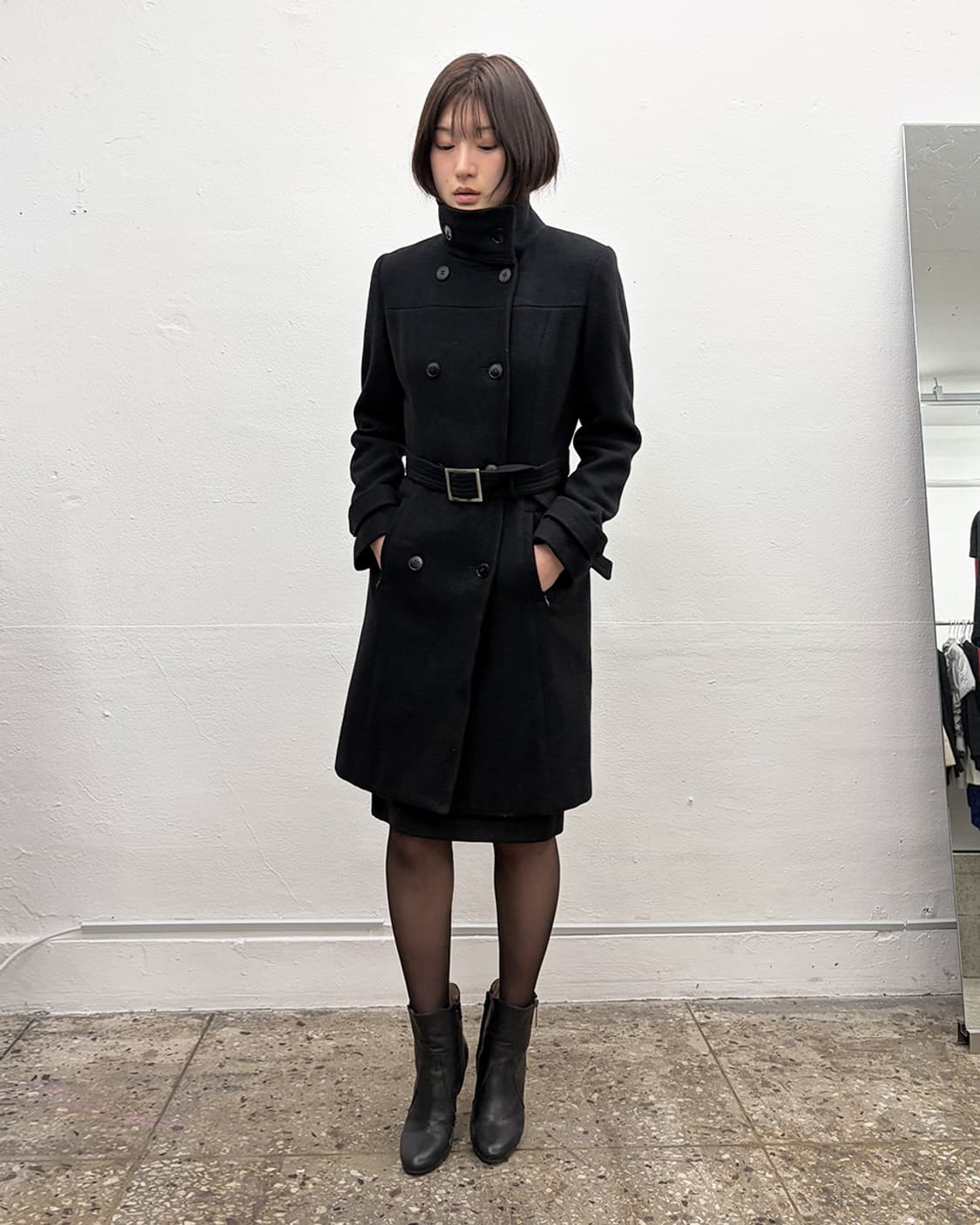 90s 프렌치 디자이너 벨티드 하이넥 더블 코트 상품이미지7