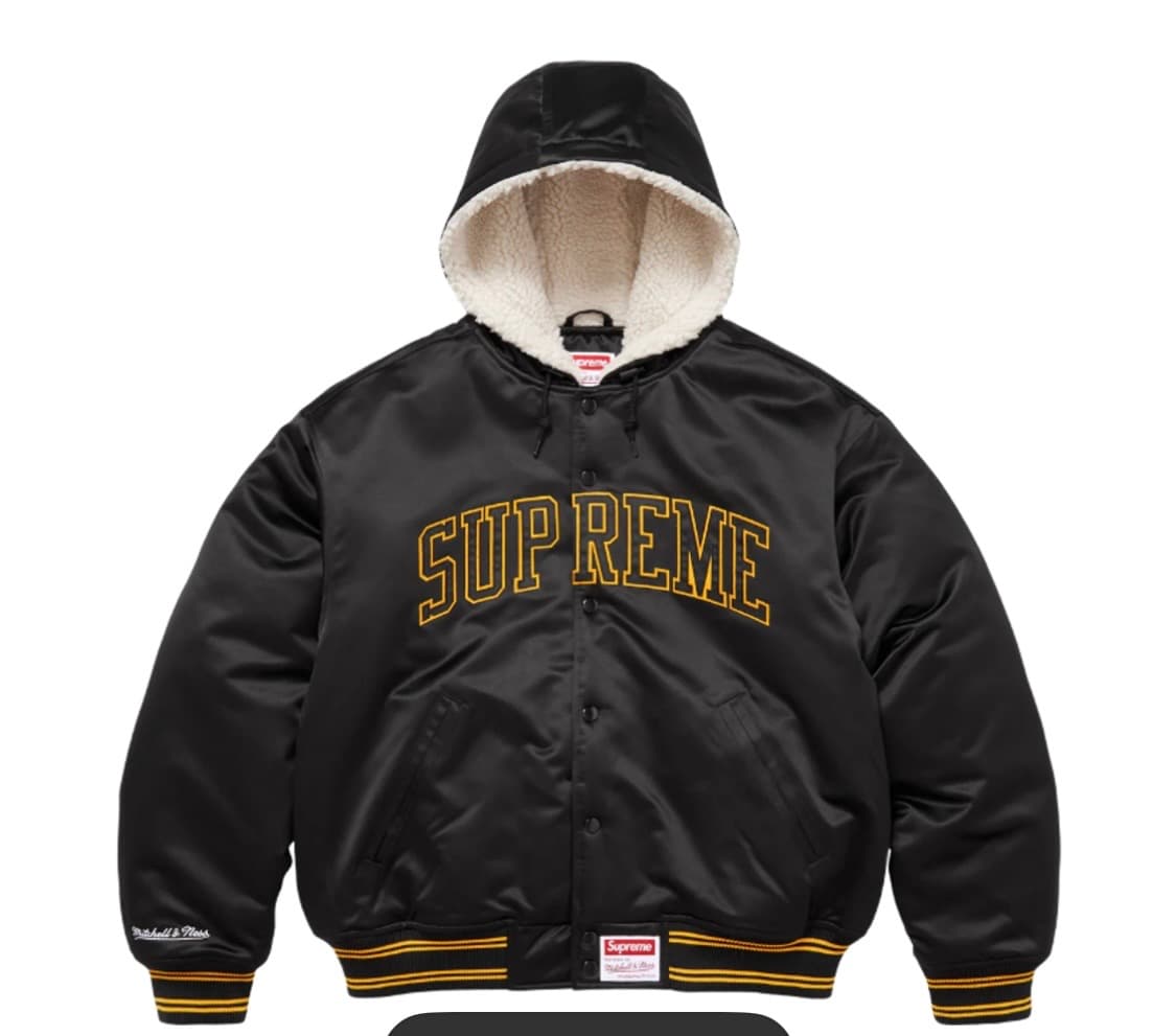 슈프림 미첼 & 네스 라인드 후드 사틴 바시티 자켓 블랙 상품이미지1