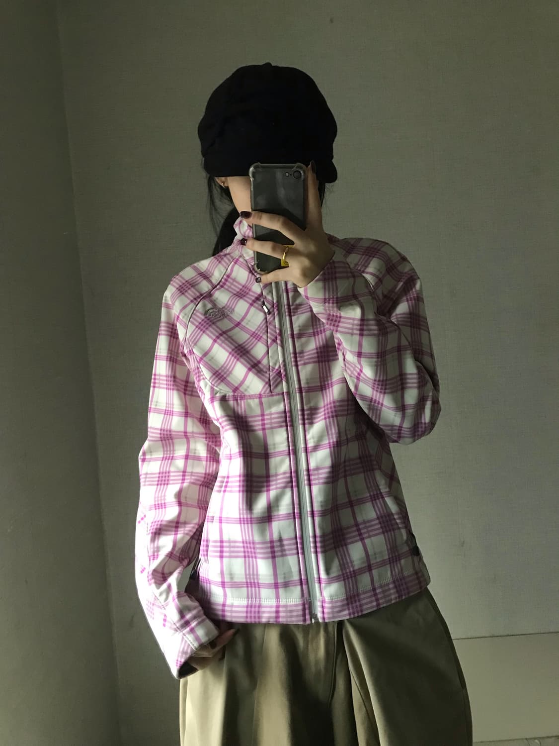 노페 플럼핑크 체크 후리스 자켓 상품이미지1