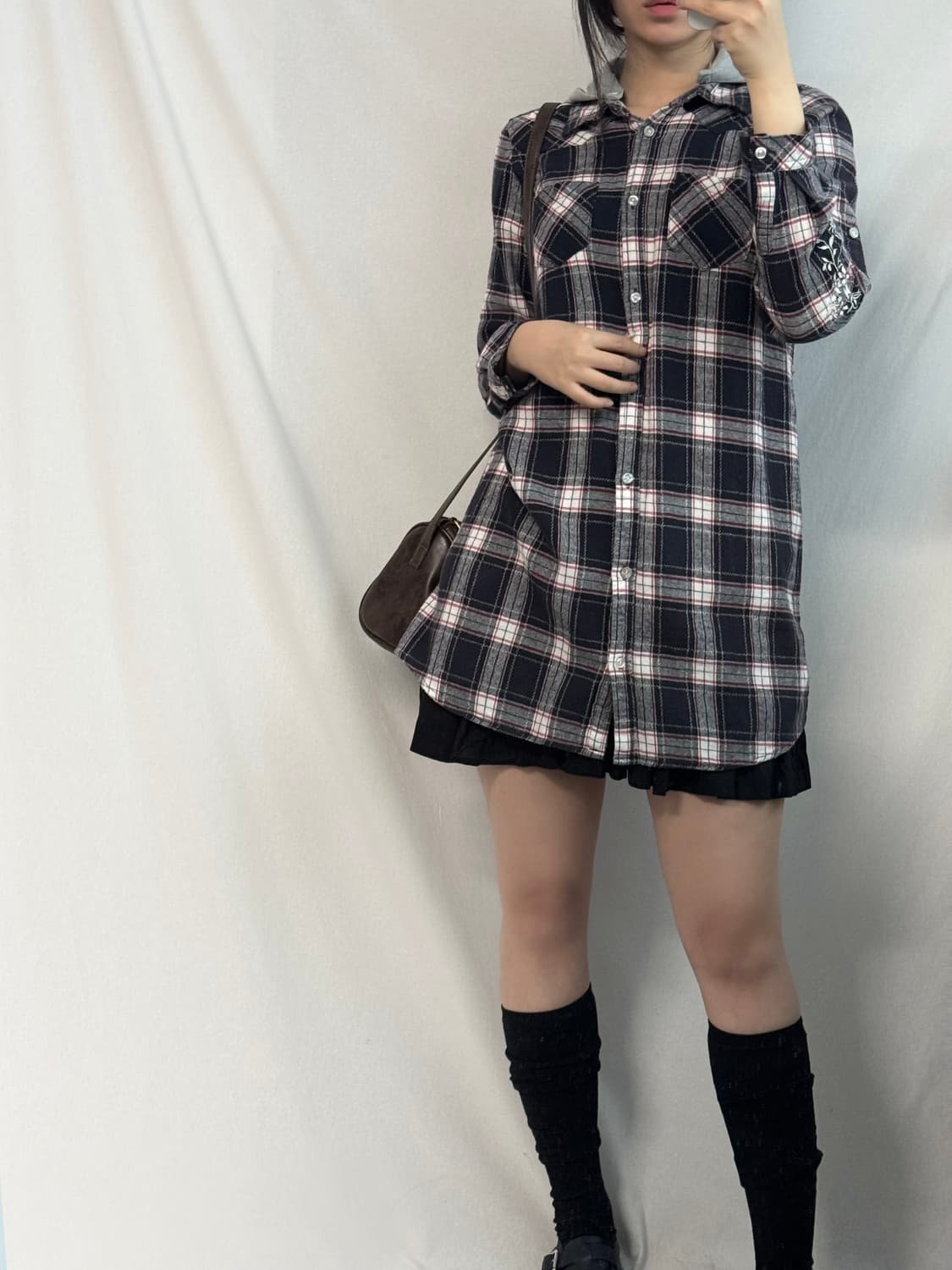 플라워 자수 슬리브 후드 셔츠 원피스 상품이미지6