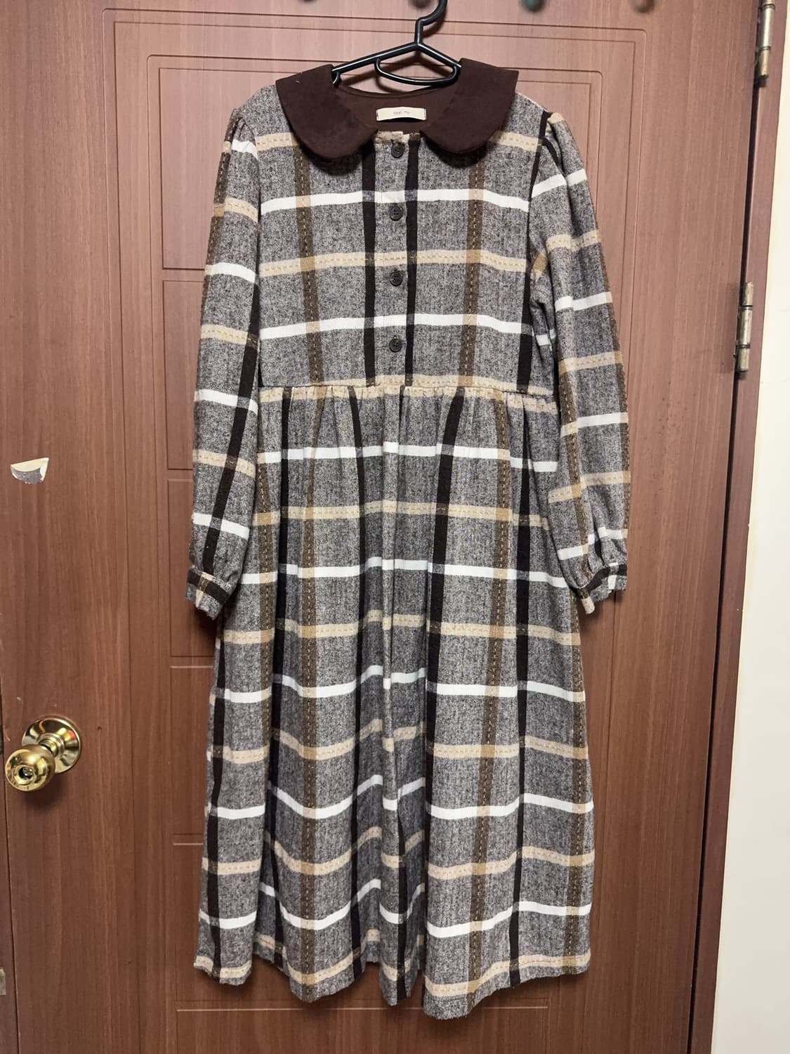 빈티지 모리걸 둥근카라 둥카 브라운 체크 롱 원피스 상품이미지1