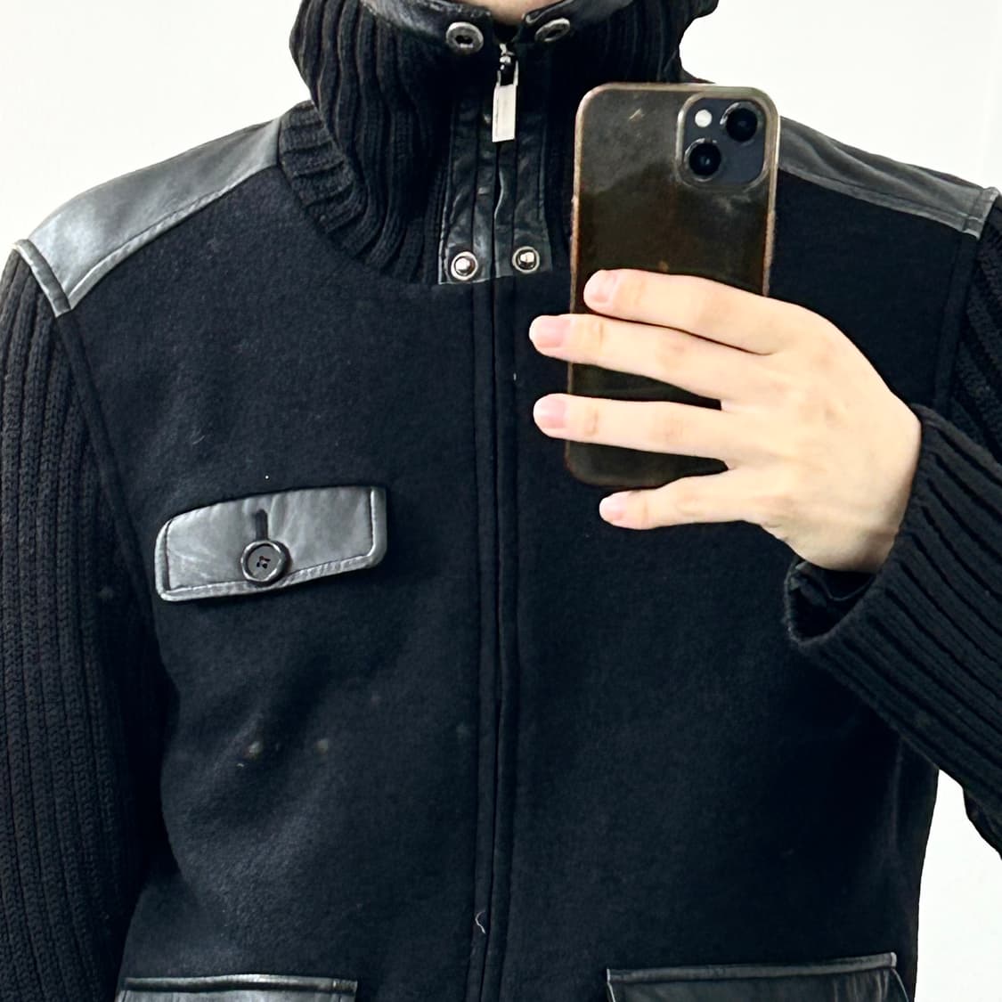 Hombruno 옴브루노 레더 패널 니트 집업 자켓 상품이미지3