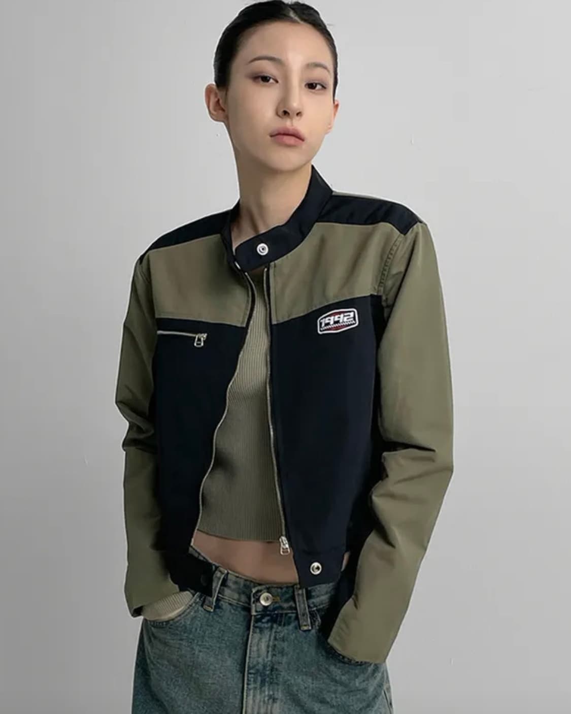 블랙업 버츠 크롭 배색 바이커 자켓 상품이미지1