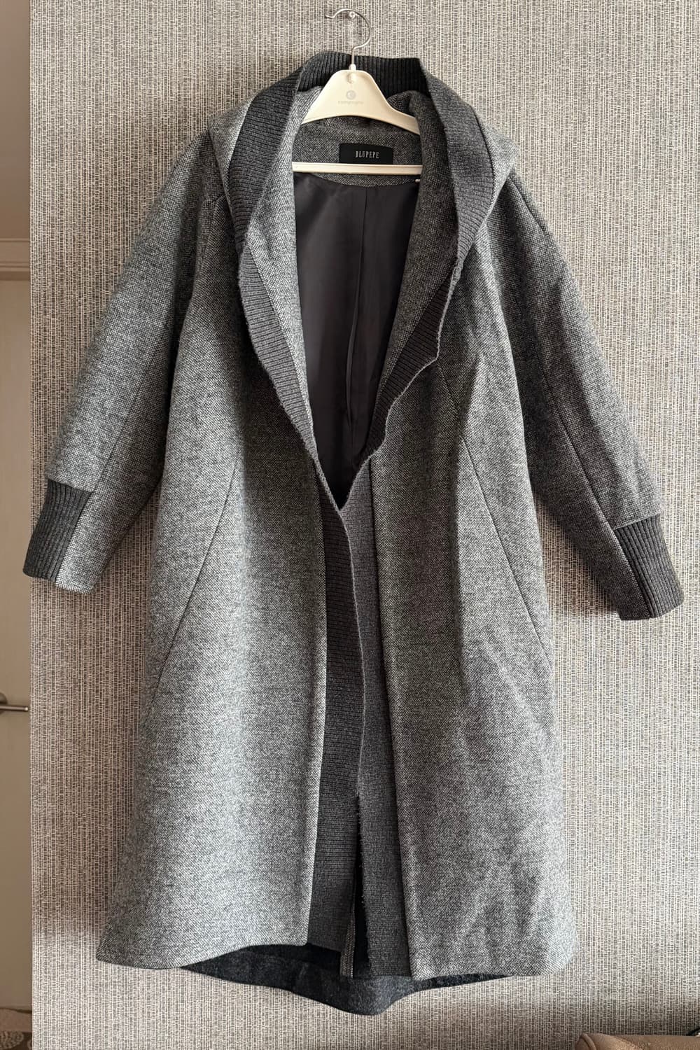 블루페페 후드 롱코트 회색 그레이 울 블렌드 니트 롱자켓 루즈핏 오픈형 상품이미지1