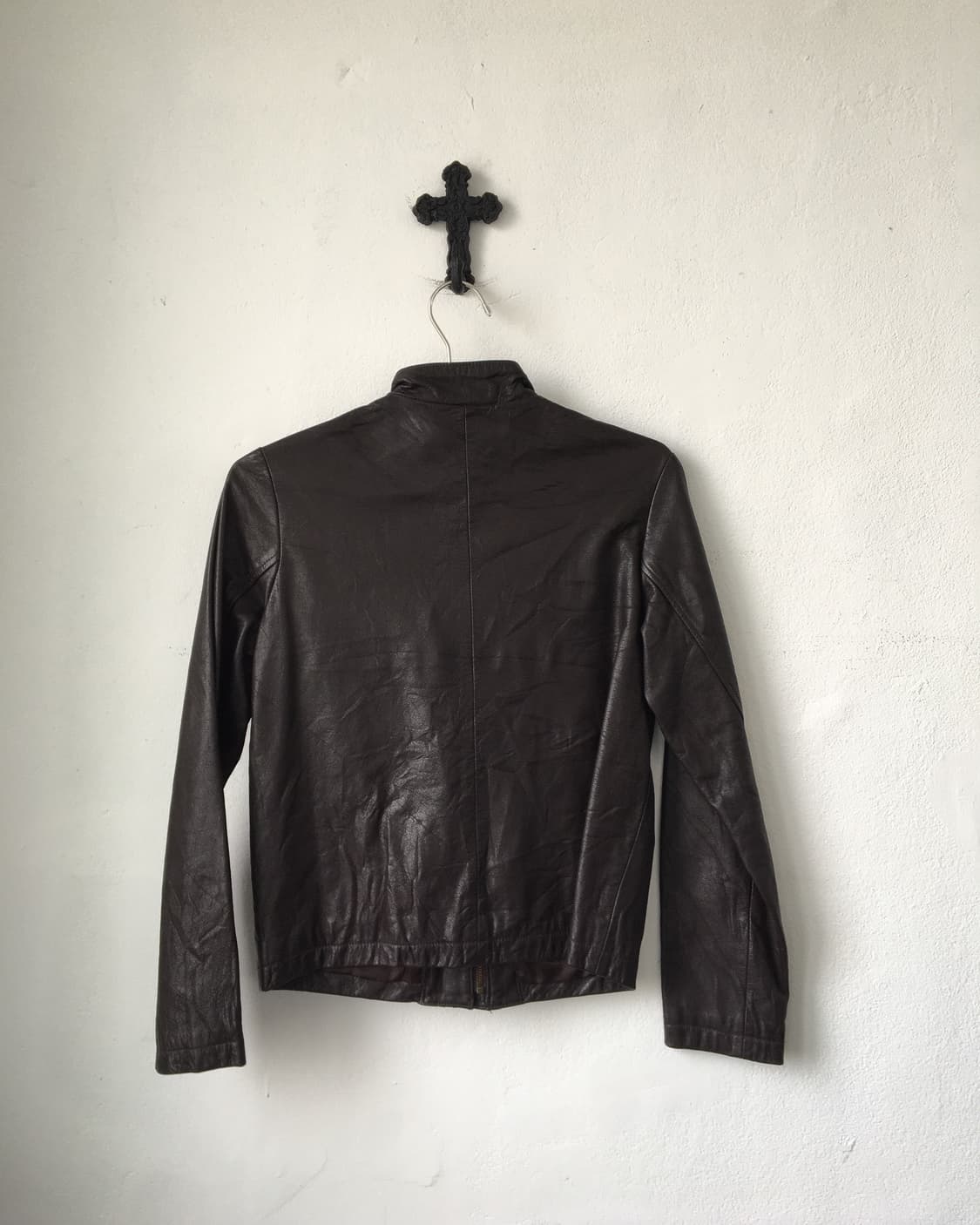 Brown high neck cow leather jacket 상품이미지3