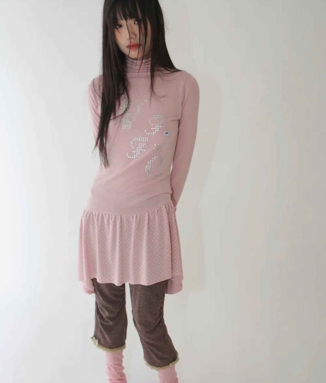 노피셜노피스 도트 워머 레이어드 터틀넥 드레스 핑크 상품이미지1