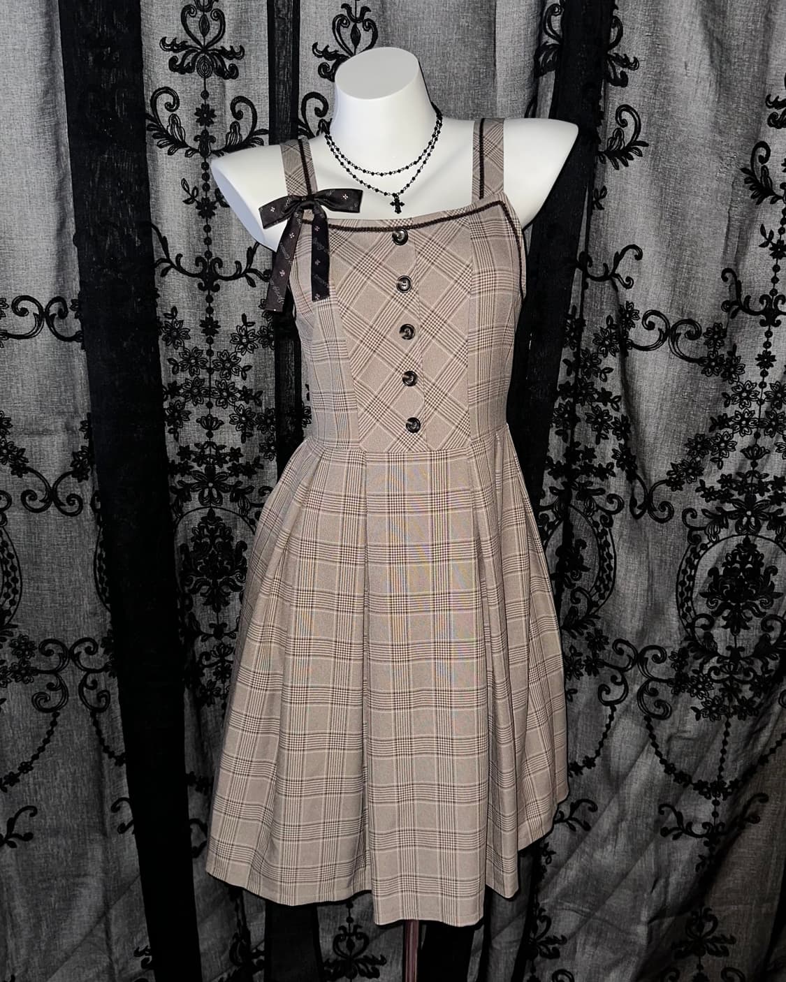 brown checkered ribbon dress 상품이미지1