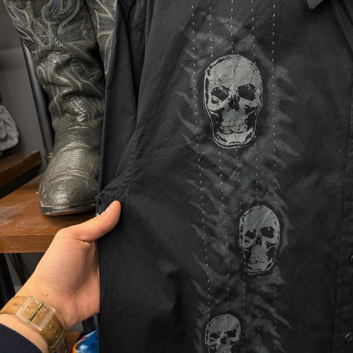 00s 할리데이비슨 Y2K 스티치라인 스컬모티브 그래픽 워크셔츠 N278 상품이미지5