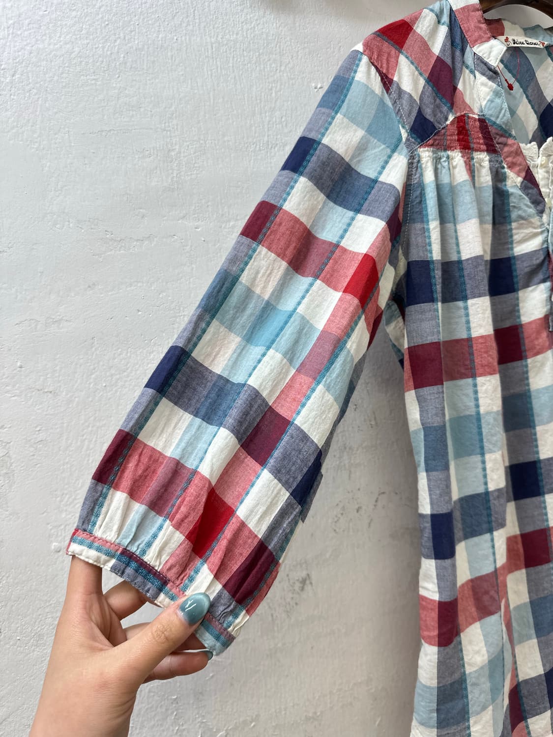 일본빈티지 코튼100 멀티 체크 셔링 디테일 7부 블라우스 티셔츠 상품이미지3