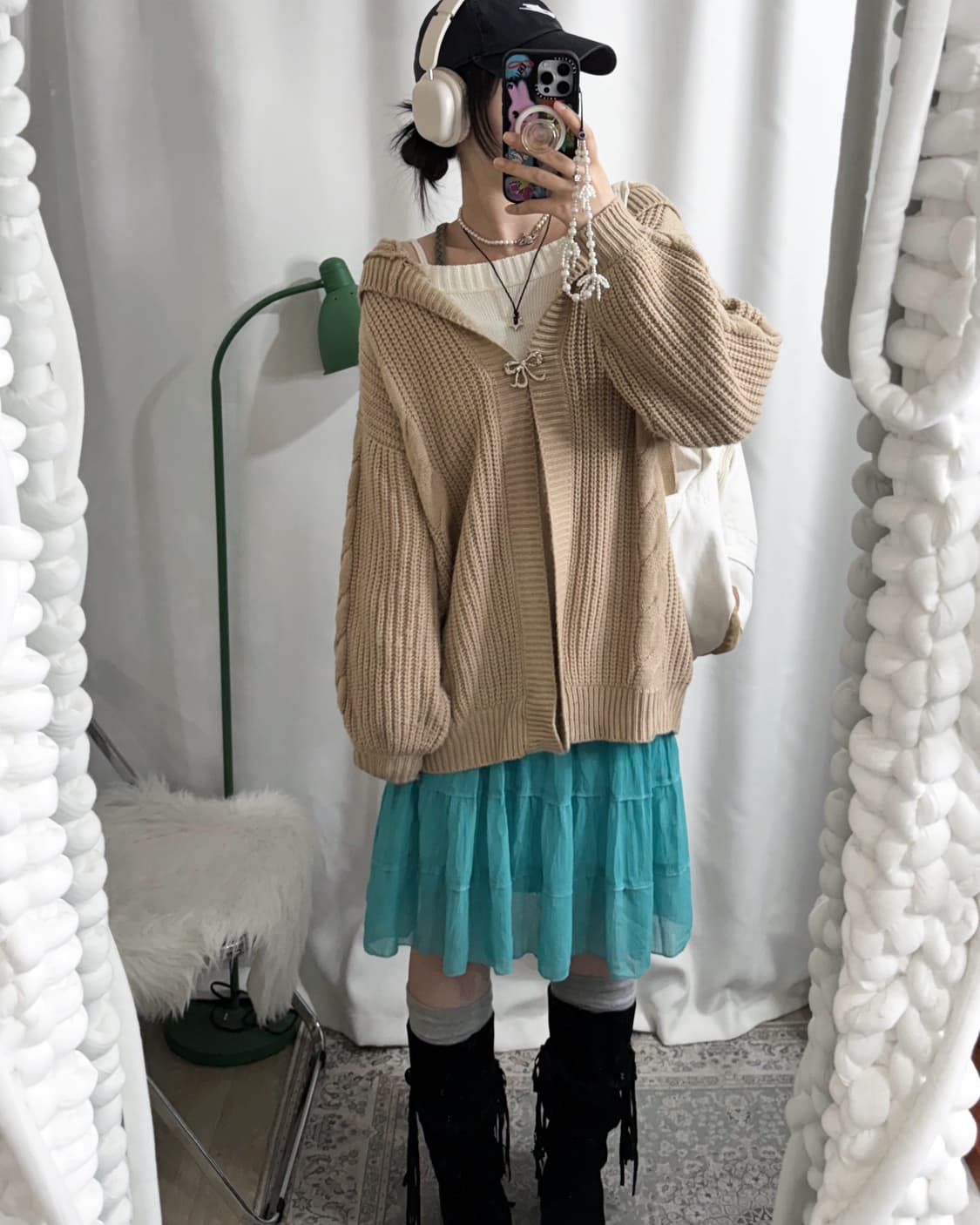 베이지 꽈배기 오버핏 후드 가디건 상품이미지3