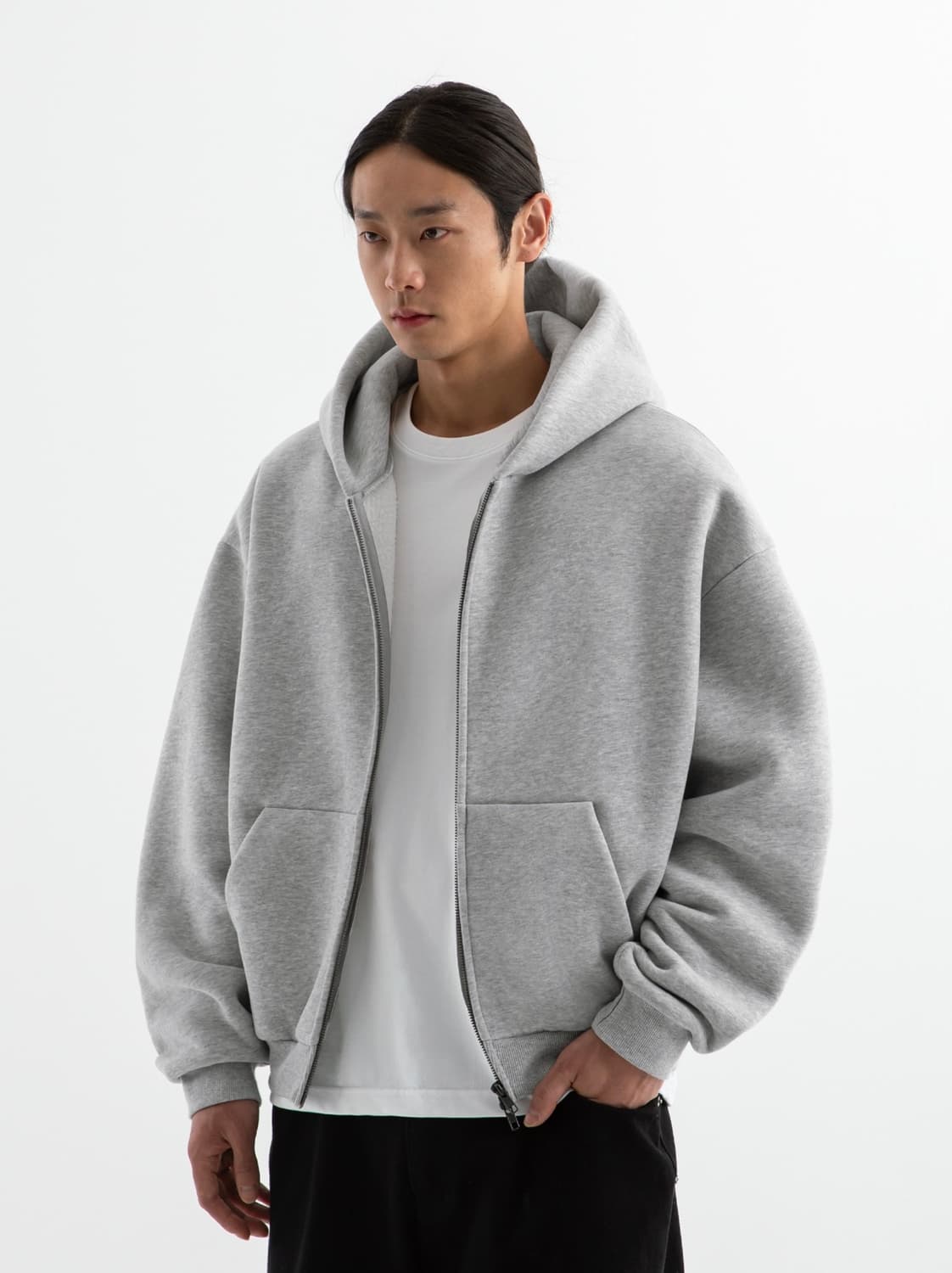 [XL] 브렌슨 코지 오버핏 크롭 기모 후드집업 멜란지 상품이미지1