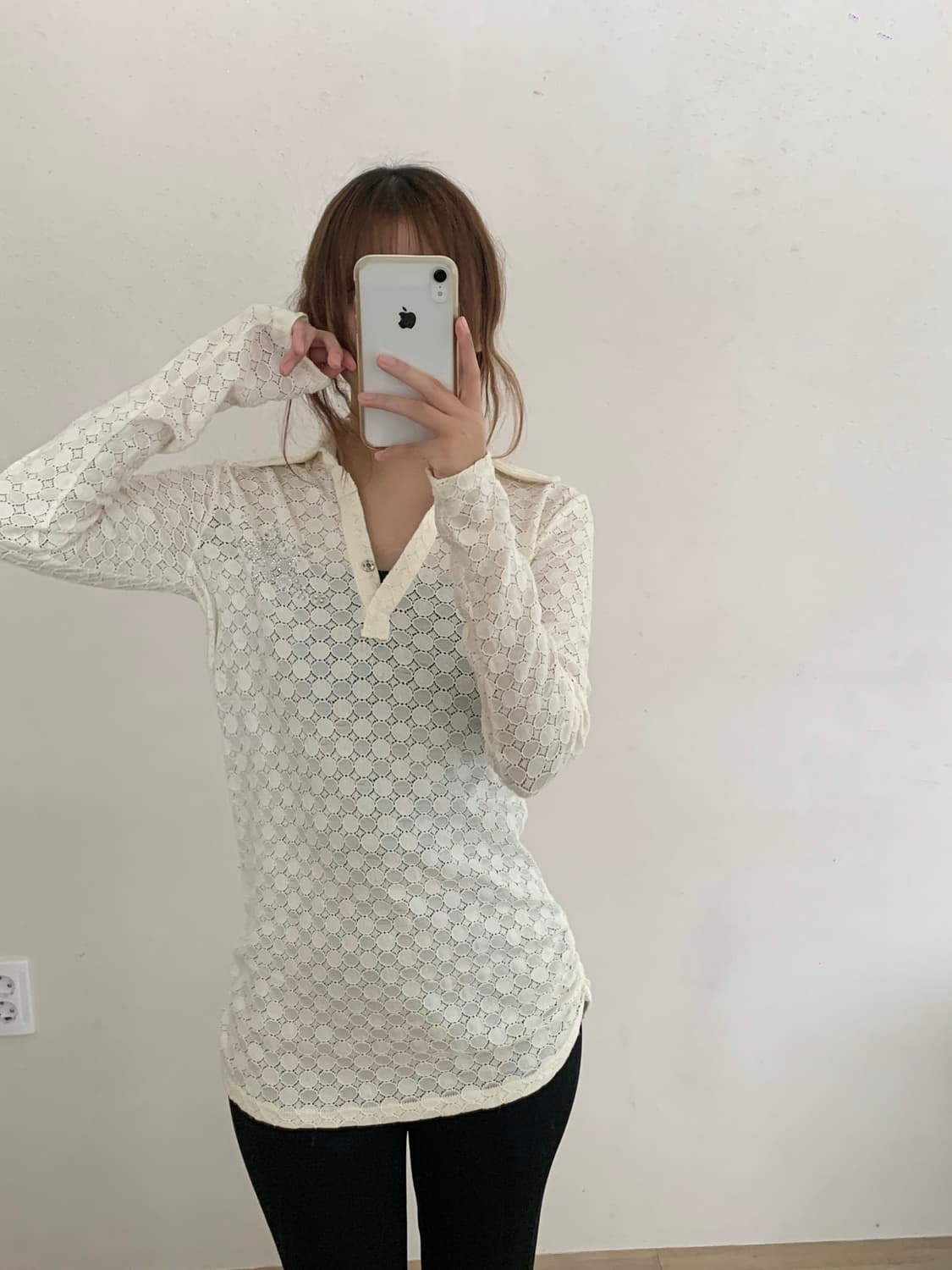 빈티지 아이보리 레이스 별 큐빅 시스루 블라우스 락시크 상품이미지8