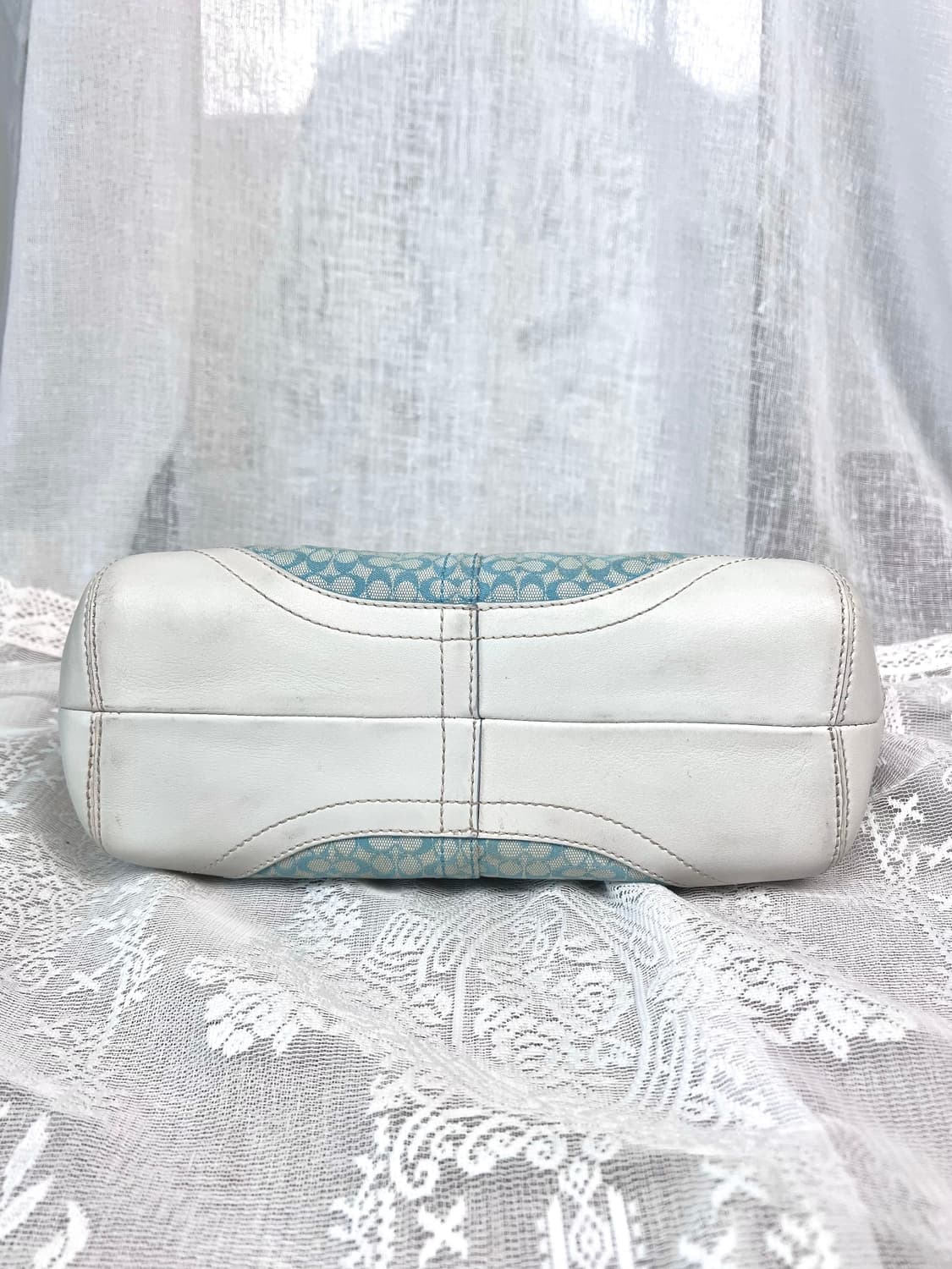 90s coach 민트 시그니처 자카드 캔버스 카라멜 레더 턴락 소호백 상품이미지8