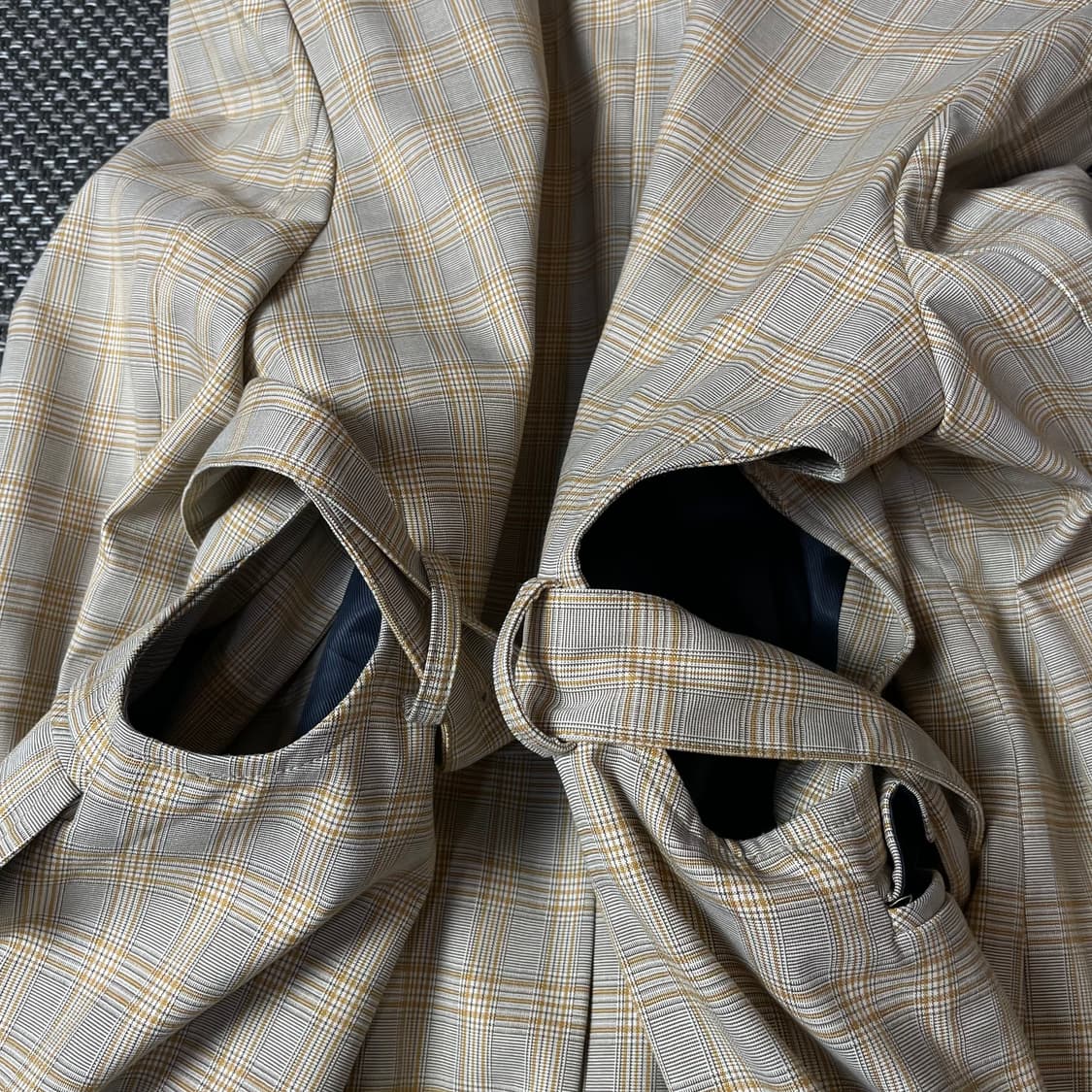 빈티지 옐로우 브라운 체크 패턴 더블 폴리 롱 코트 상품이미지5