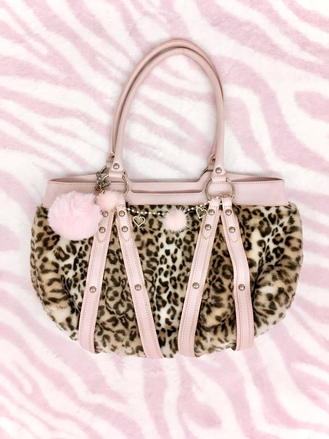 핑크 폼폼이 퍼 레오파드 스트랩 숄더백 갸루 히메갸루 핀터레스트 대장템 상품이미지1