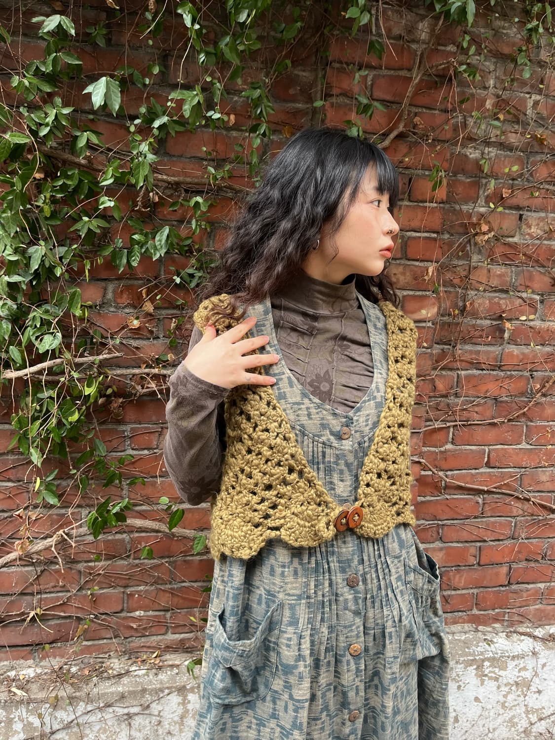 빈티지 카키 그린 그물 니트 베스트 상품이미지2