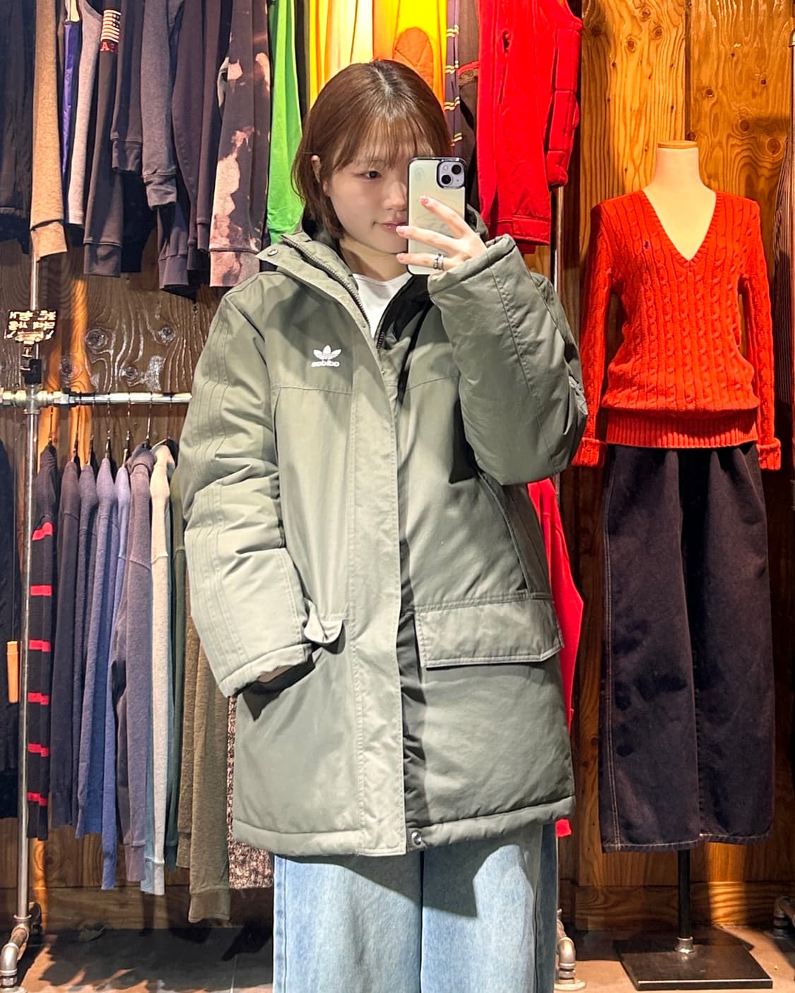 L 아디다스 파이어버드 오리지널 트레포일 후드 카키 미들 패딩 상품이미지2