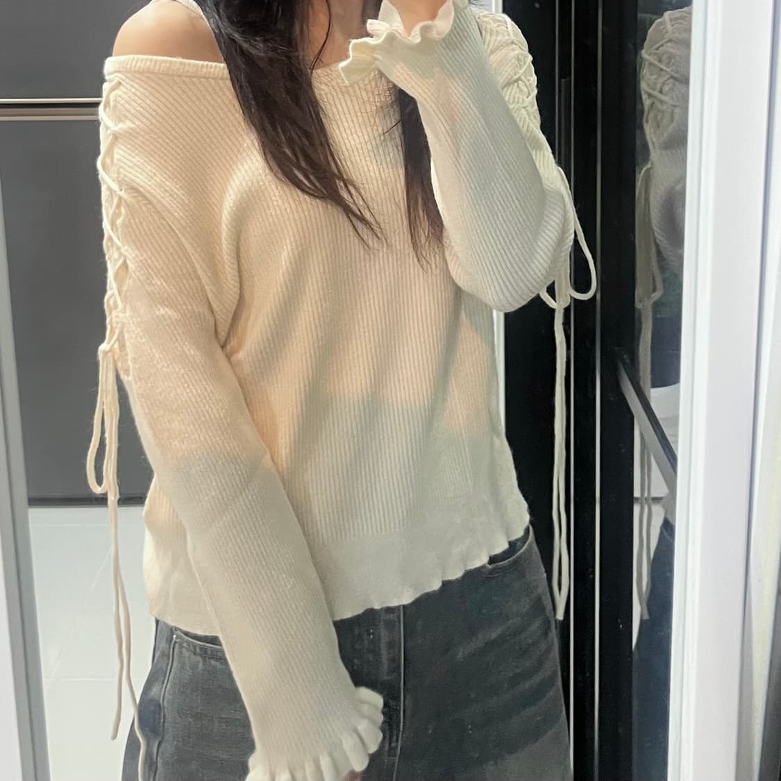 빈티지 아이보리 플라워 레이스 리본 니트 블라우스 상품이미지1