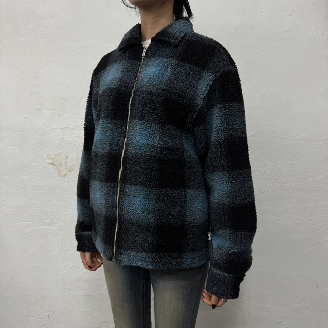스투시(STUSSY) 블루컬러 쉐도우 플리에드 패턴 집업 쉐르파 자켓 상품이미지1