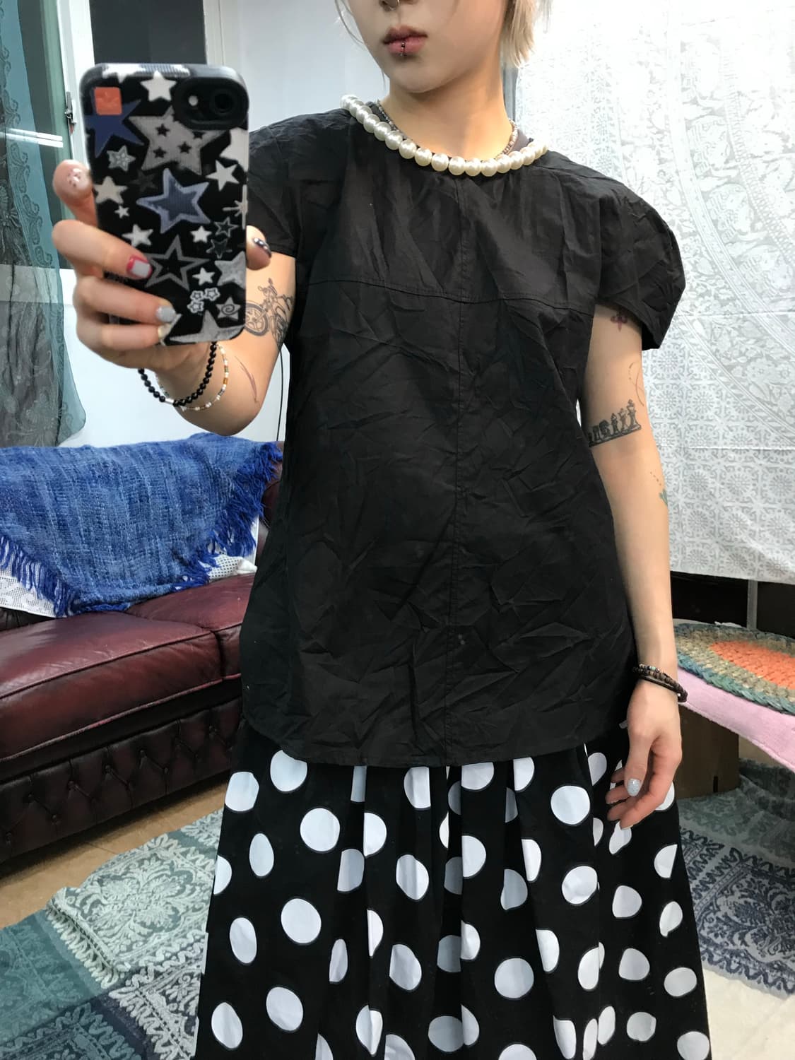 빈티지 여성 진주 디테일 반팔 셔츠  상품이미지2