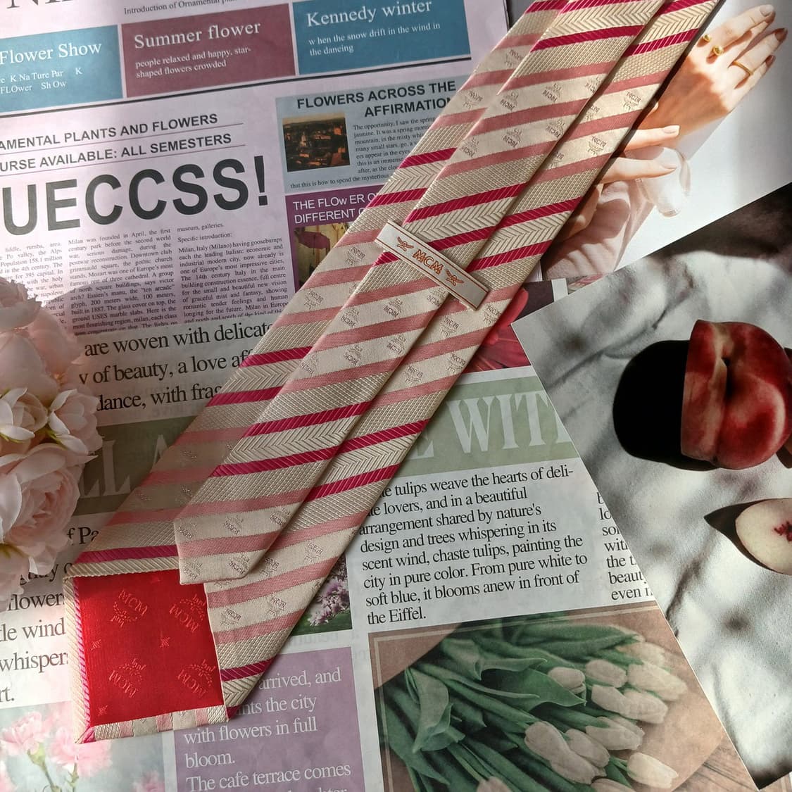 엠씨엠 핑크 스트라이프 로고 패턴 넥타이 9.1cm A+등급 A19693 상품이미지6