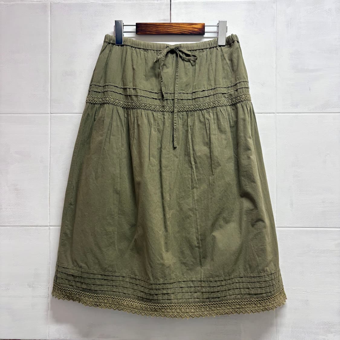 카키 캉캉 레이스 모리걸 코튼 미디 스커트 JPN 상품이미지1