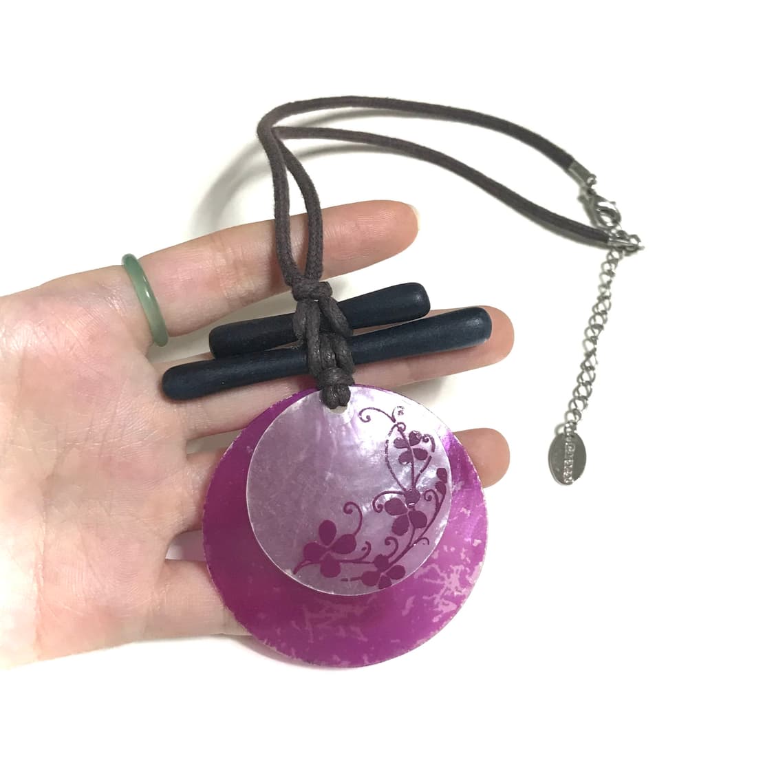 일본 빈티지 오리엔탈 에스닉 자개 꽃 문양 끈 목걸이 상품이미지3