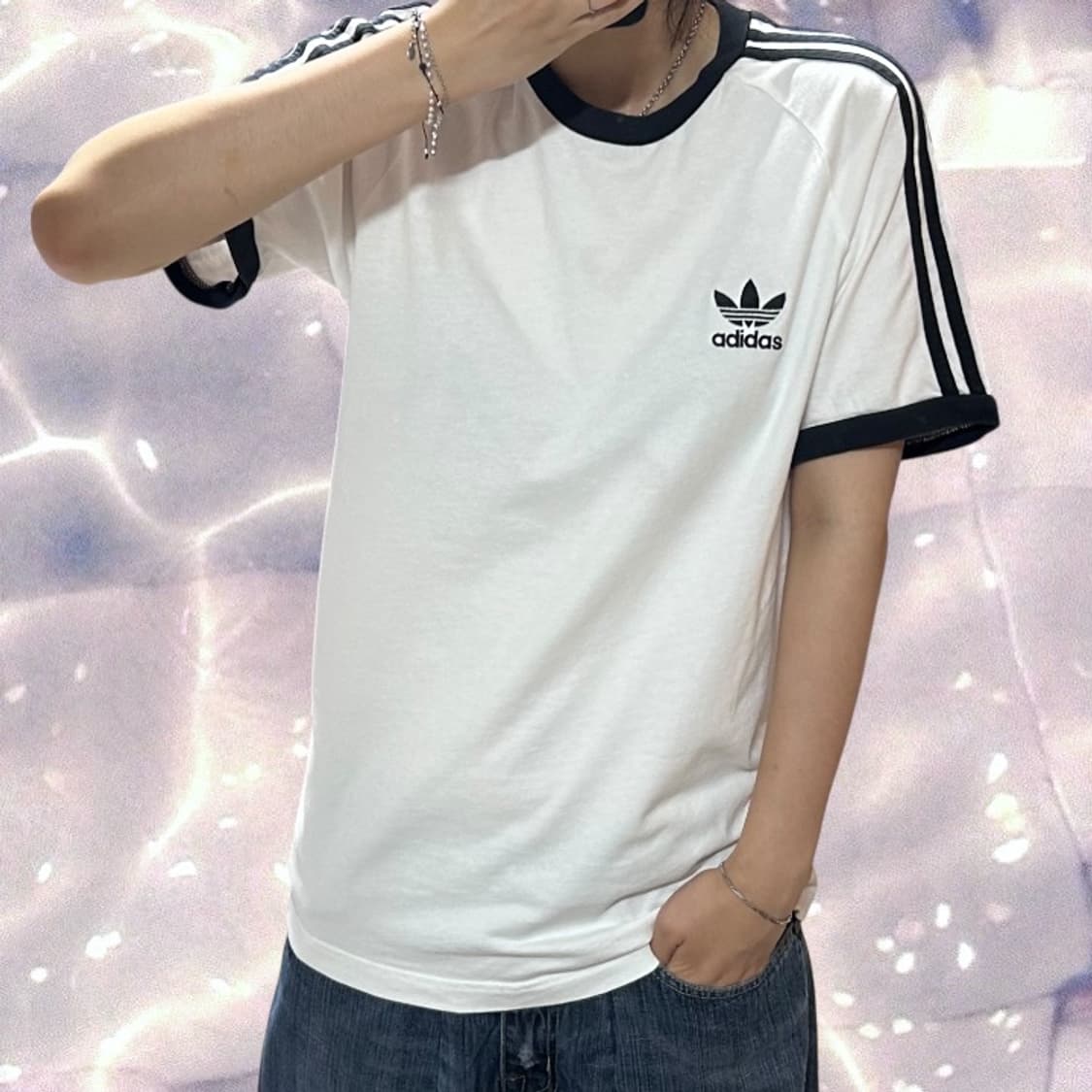 아디다스 화이트 블랙 링거 반팔 티셔츠 L 상품이미지2