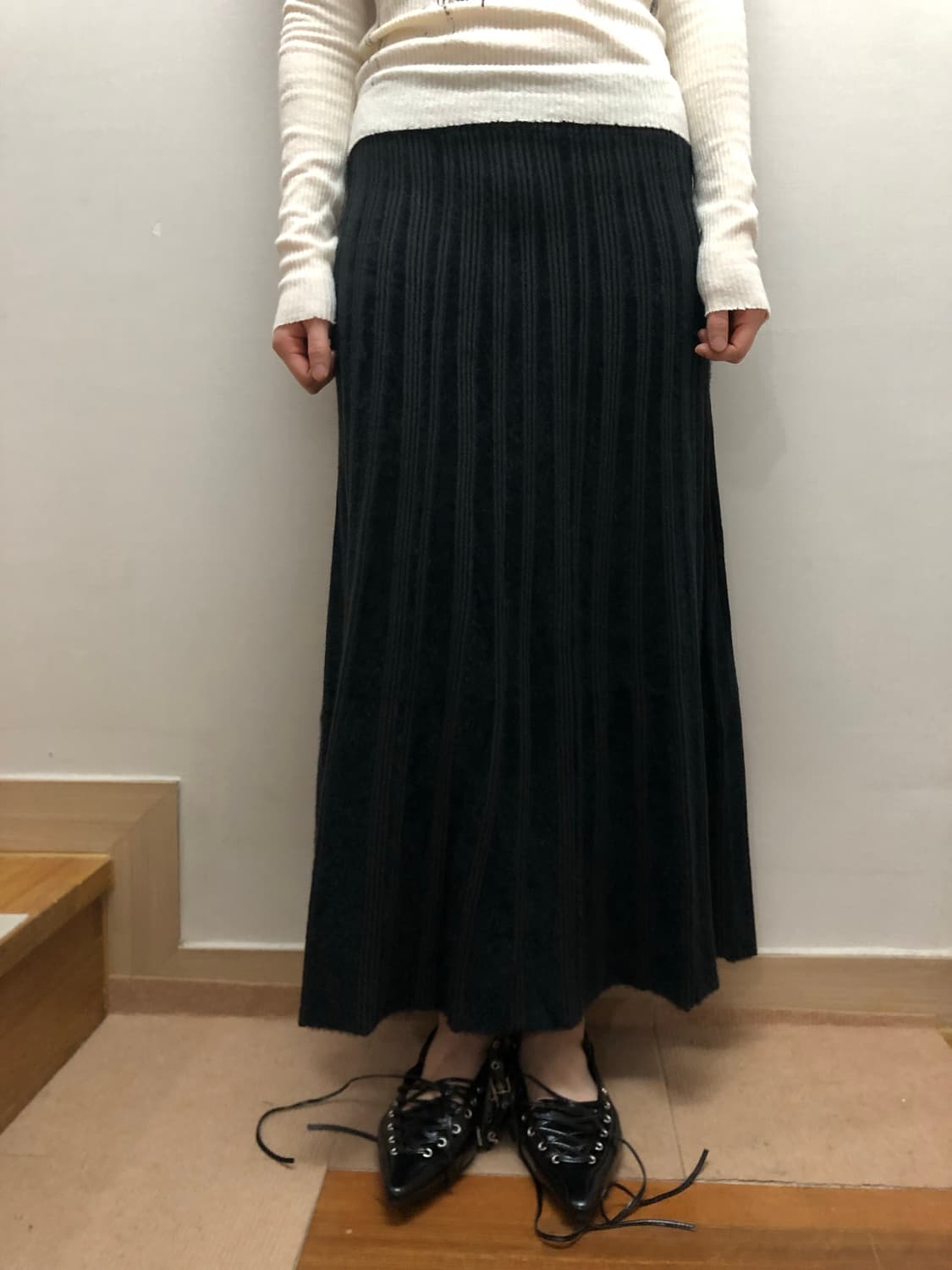 빈티지 블랙 스트라이프 롱 니트 스커트 상품이미지5