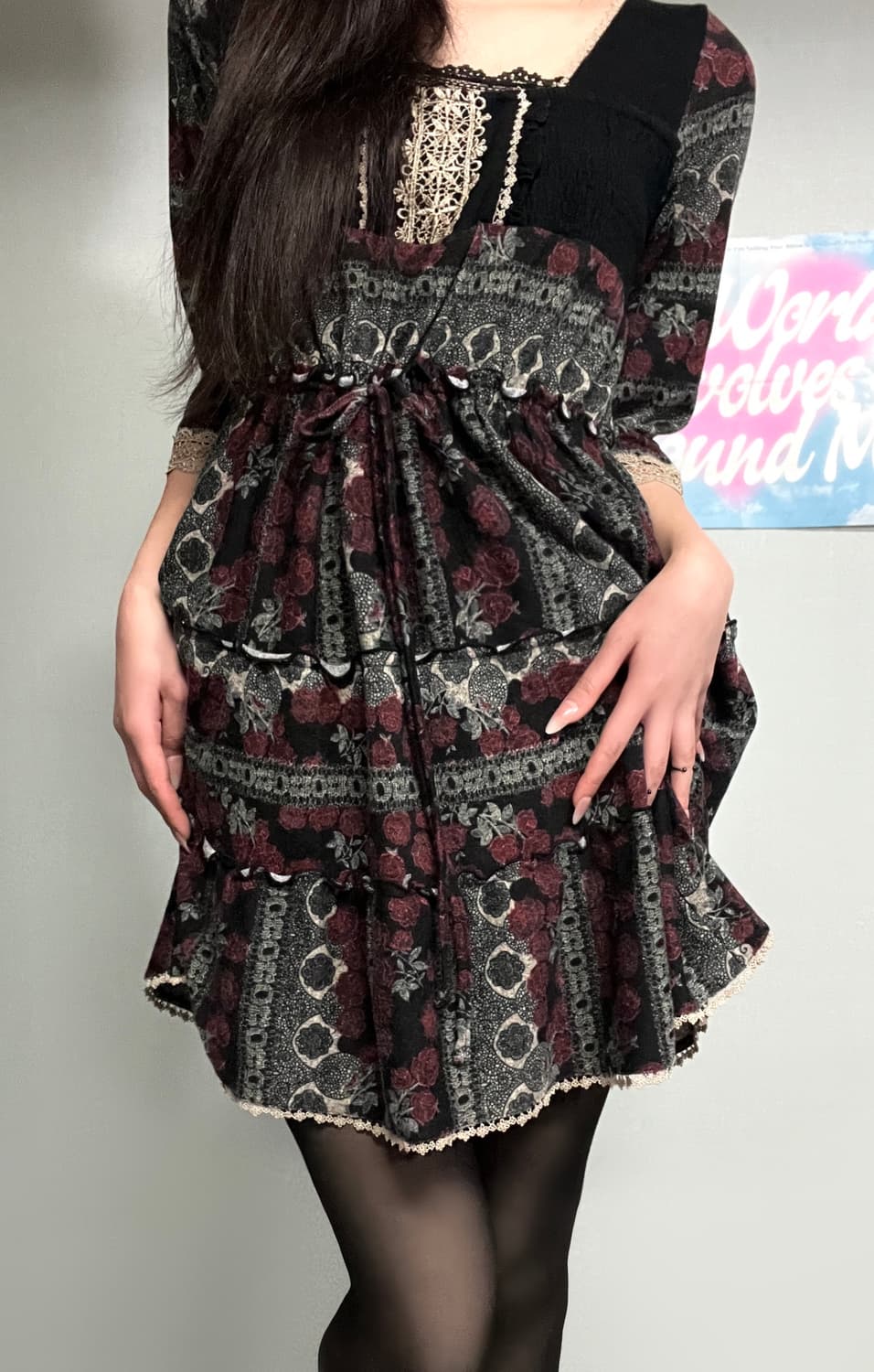 엑시즈팜 엔틱 고스 고딕 레이스 자수 리본 로즈 블랙 원피스  상품이미지2