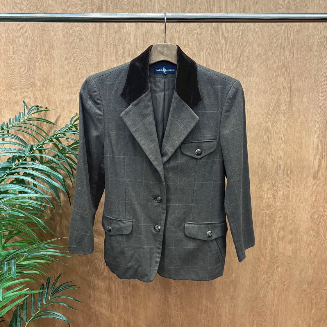 폴로 랄프로렌 체크 테일러드 자켓 싱글 버튼 벨벳 배색 디테일 브라운 상품이미지1
