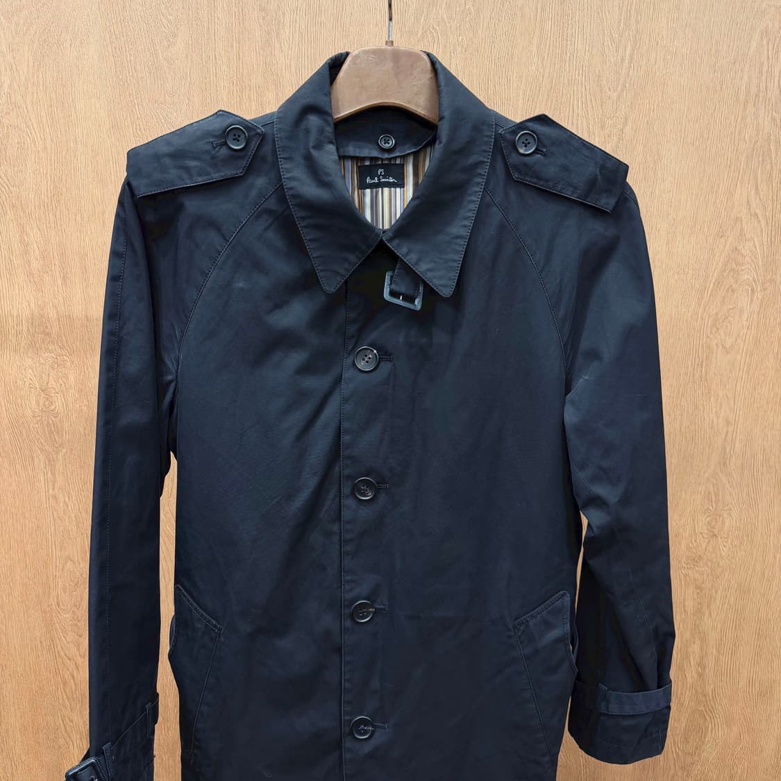 폴스미스 PS 싱글 트렌치 코트 스트라이프 안감 허리 벨트 디테일 블랙 상품이미지4