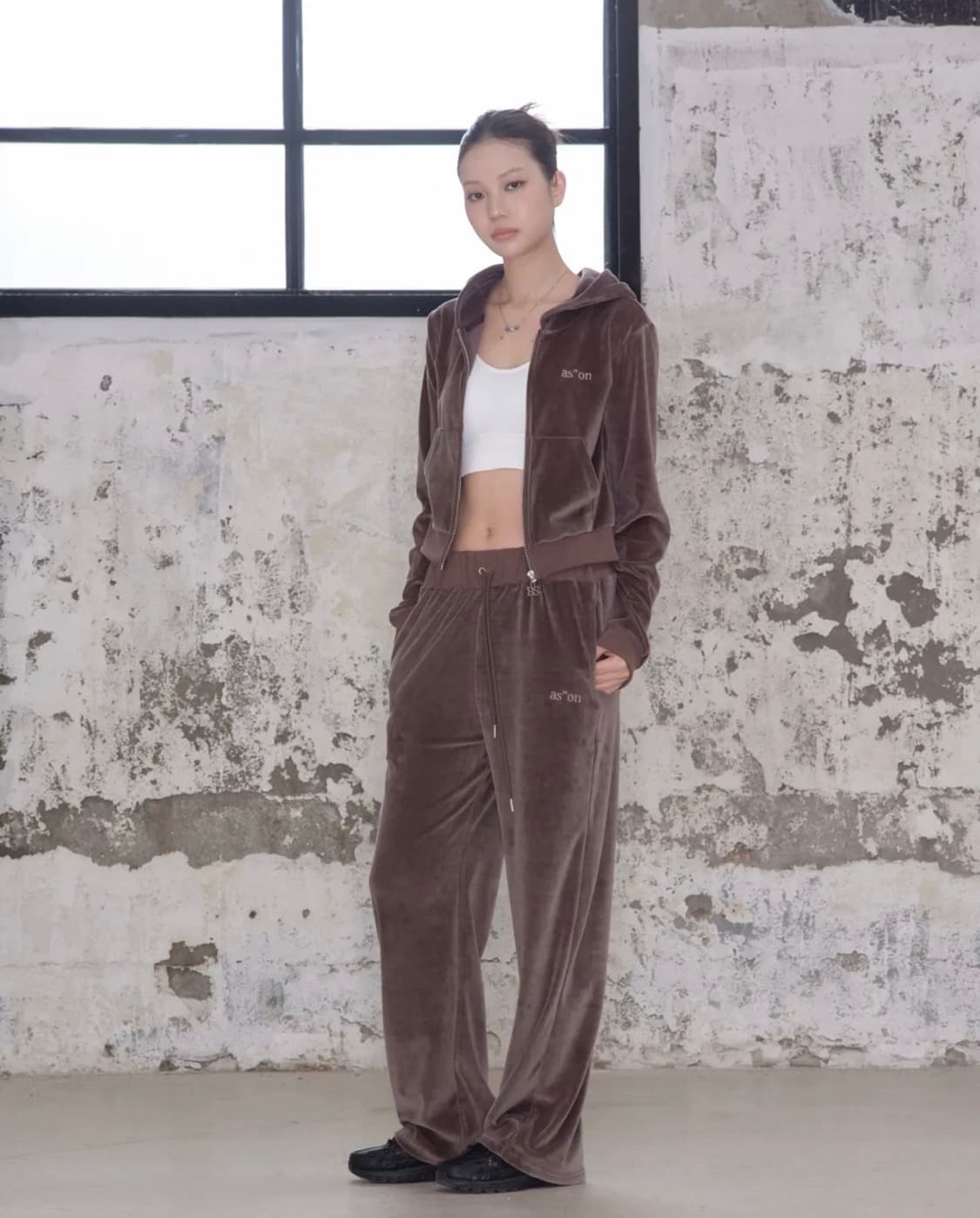 애즈온 코코 벨벳 벨루어 트레이닝 세트 셋업 후드집업 팬츠 브라운 상품이미지3