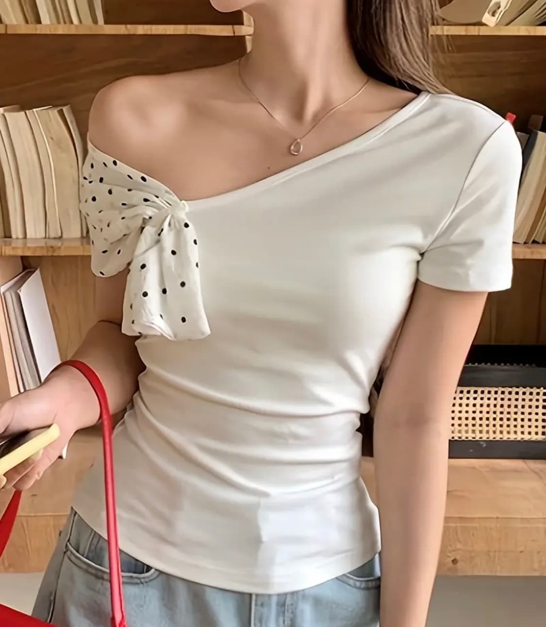 리본 도트 솔리드 넥 반팔 상품이미지1